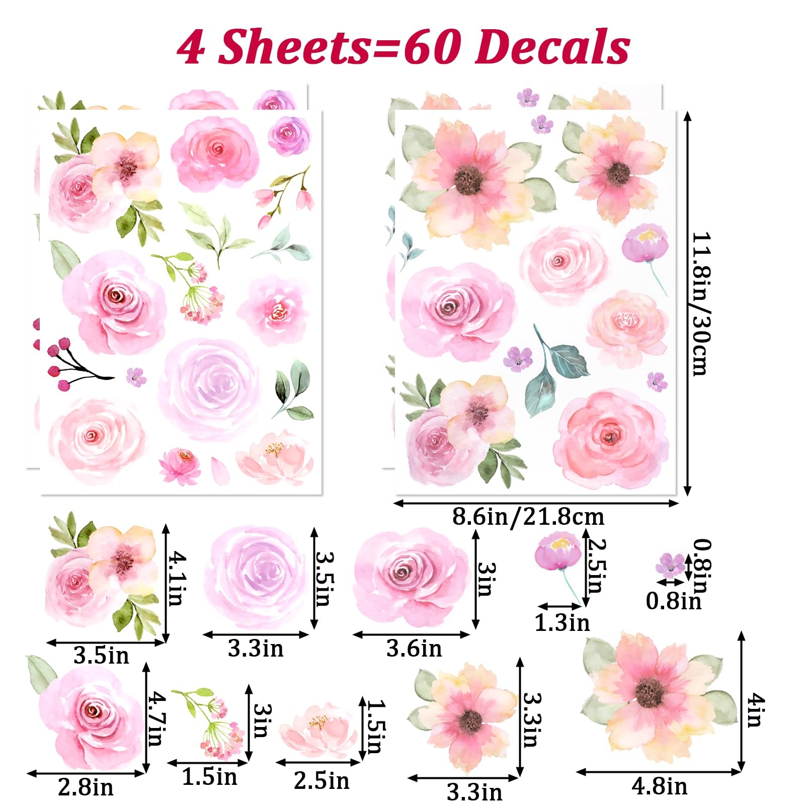 60pcs Pink Flower Wall Sticker PVC Peel and Stick Wall Decals Cute Peony Flor…