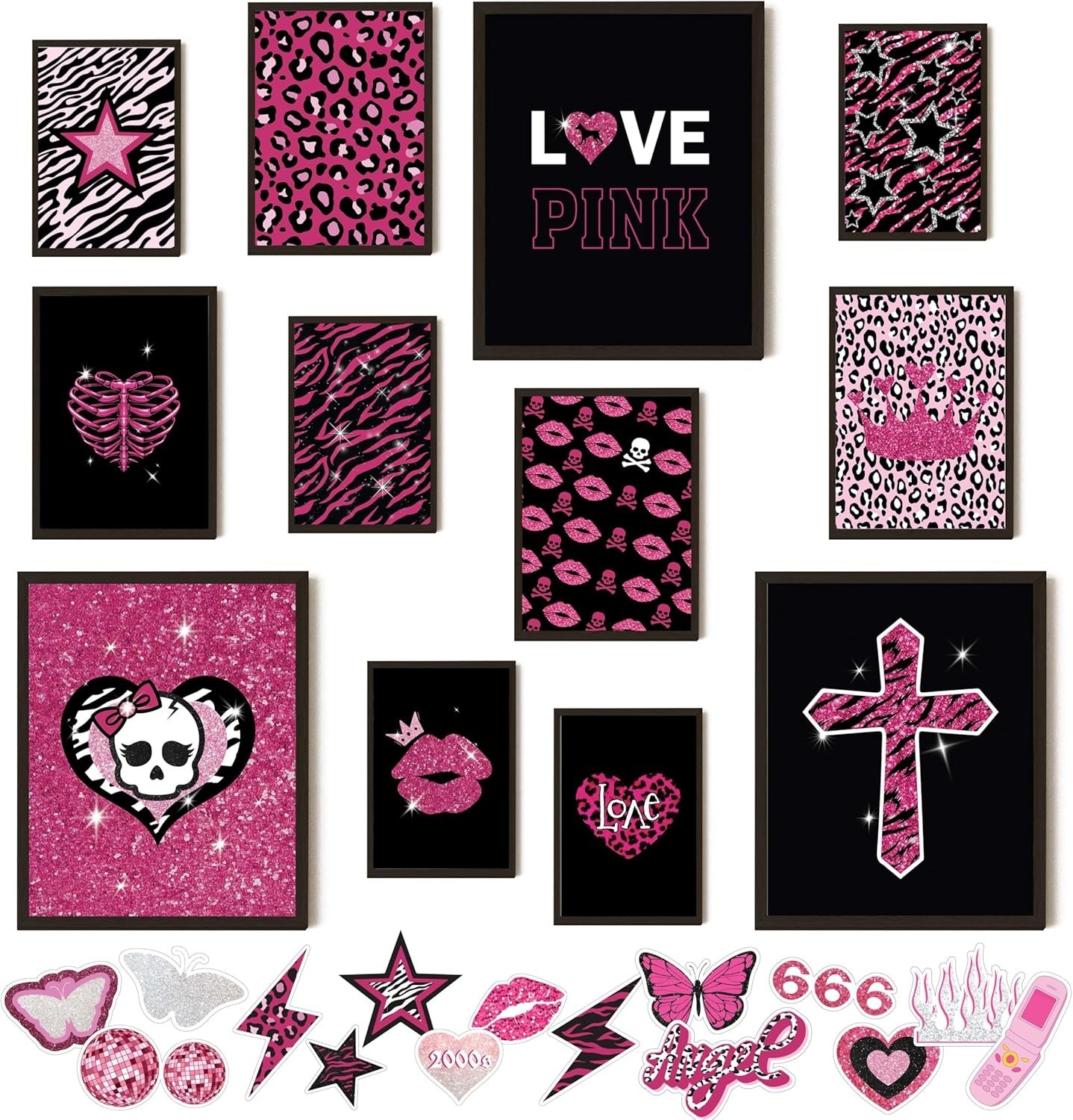 Vibrant Y2K Decor Collection – Unframed Hot Pink Posters for Teens, 12-Piece Set