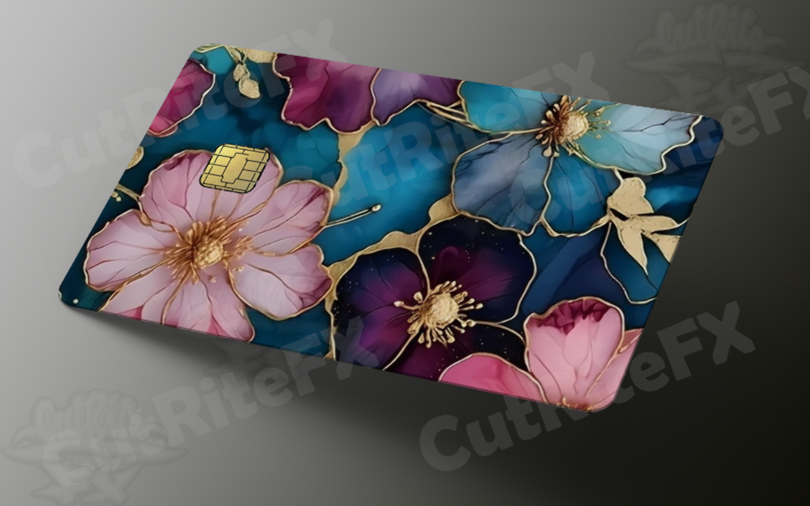 Floral Bloom Credit Card Skin – Teal & Gold Elegance