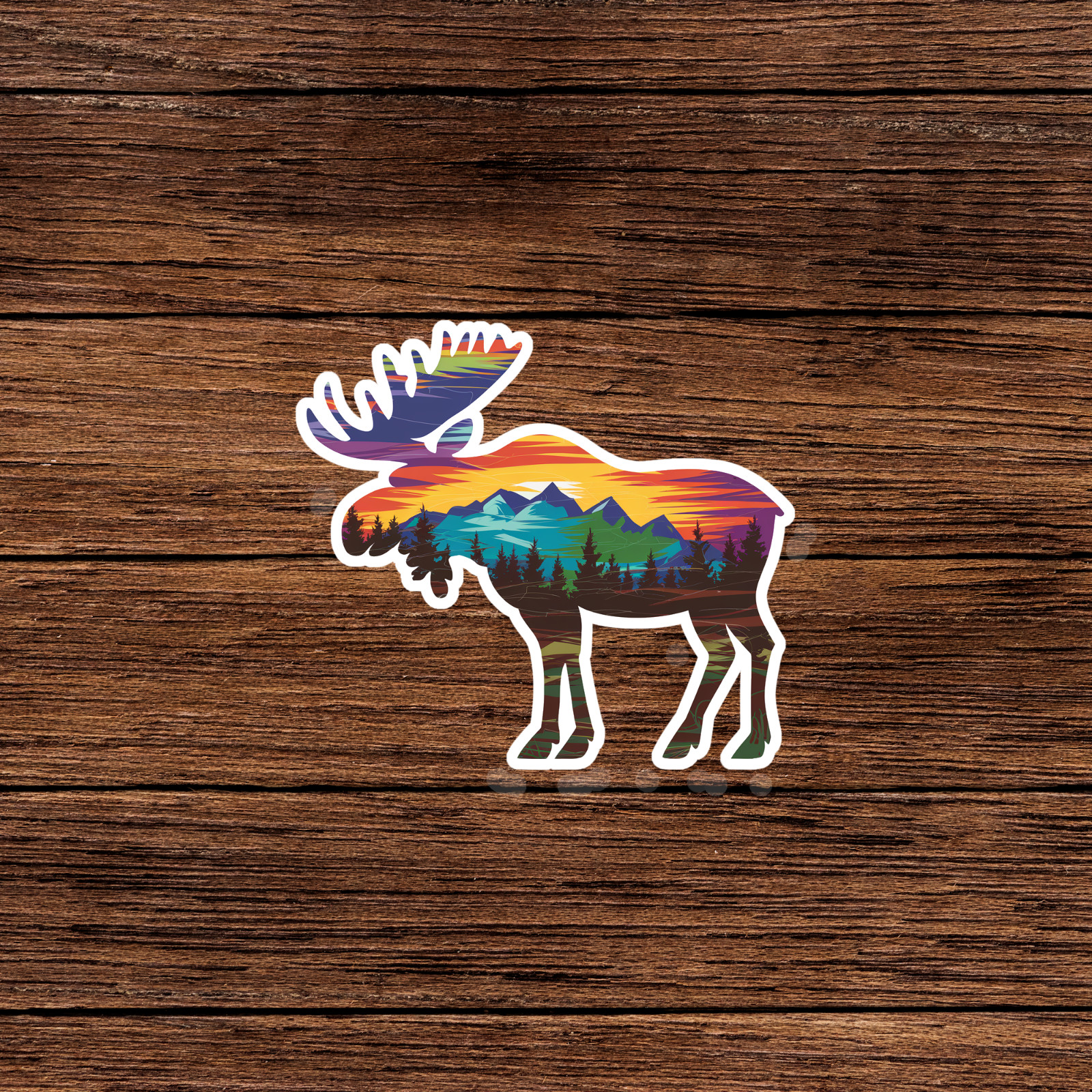 Colorful Moose Silhouette Sticker – Wilderness Landscape Vinyl Decal Art #2065