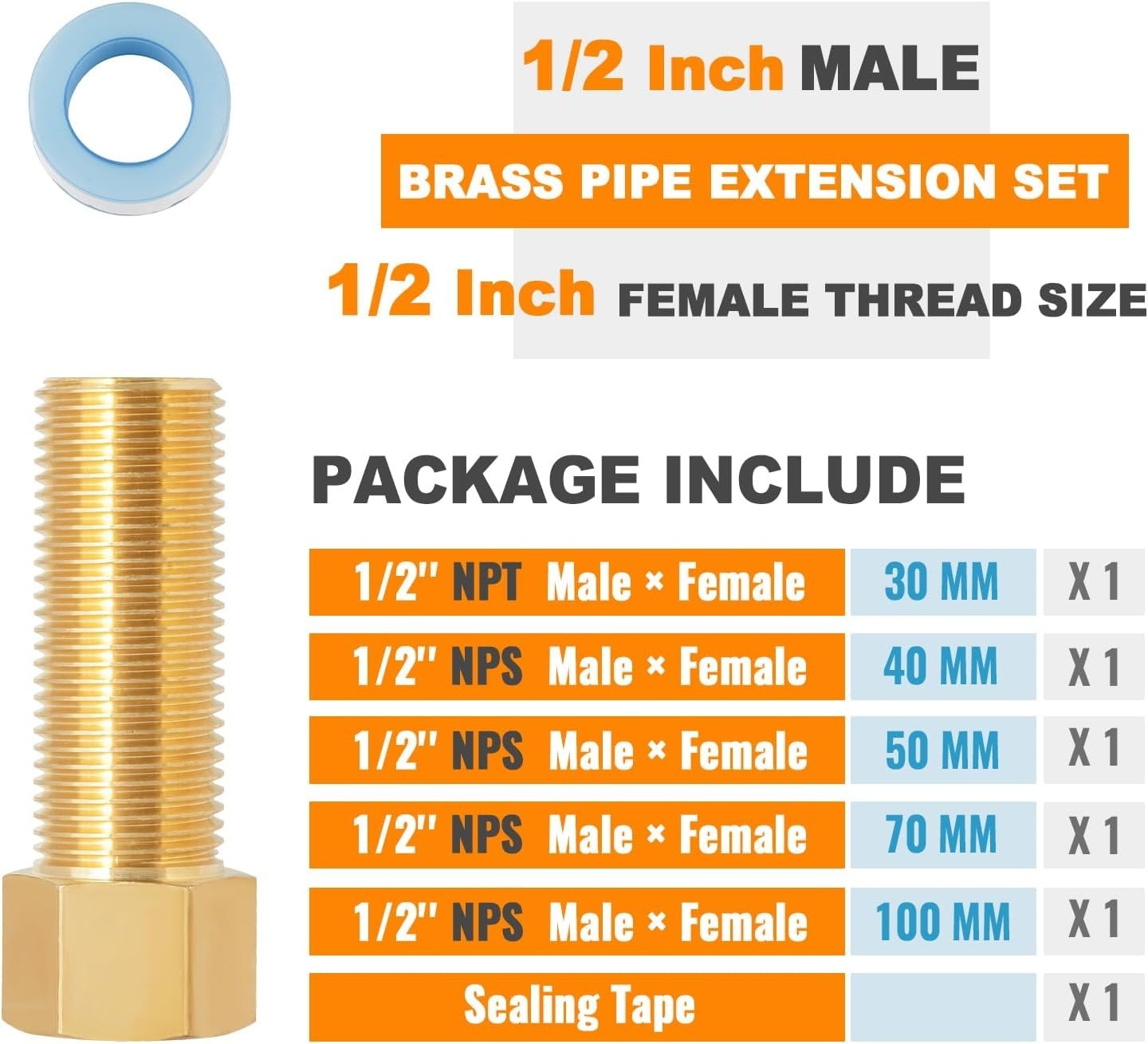 5 Pack 1/2" Brass Extension Adapter Set, 1/2 Inch Male × 1/2" Female Brass Nip