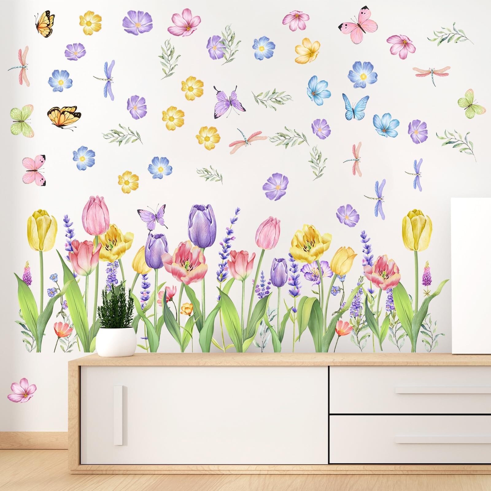 Eersida 6 Sheets Spring Wall Stickers Flower Decals Lavender Tulip Butterfly …