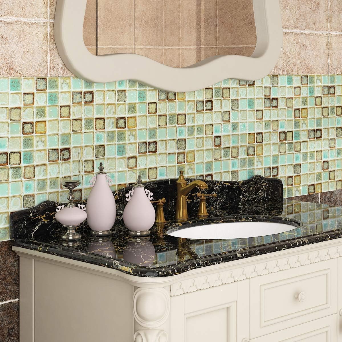 Livelynine Vinyl Bathroom Wallpaper Peel and 15.8 x 78.8, Green Mosaic Tiles