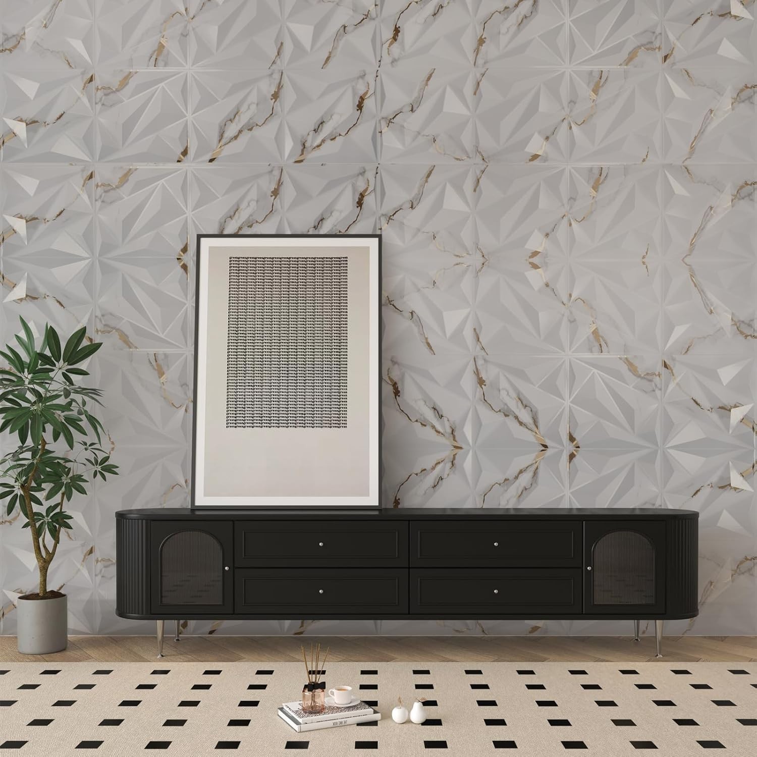 Waterproof 3D Wall Panels 33pk Diamond PVC Gold Veined White Commercial Interior