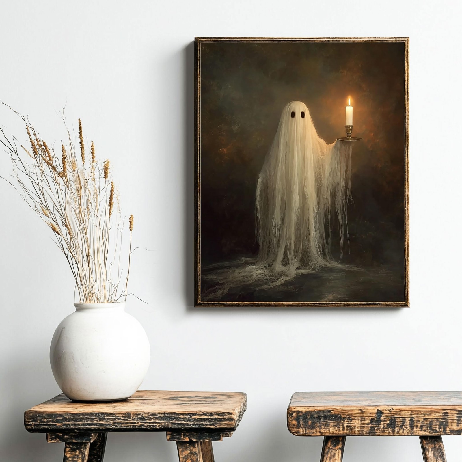 Cute Ghost Holding Candle Wall Art Print Dark Academia Room Decor Spooky Hall…