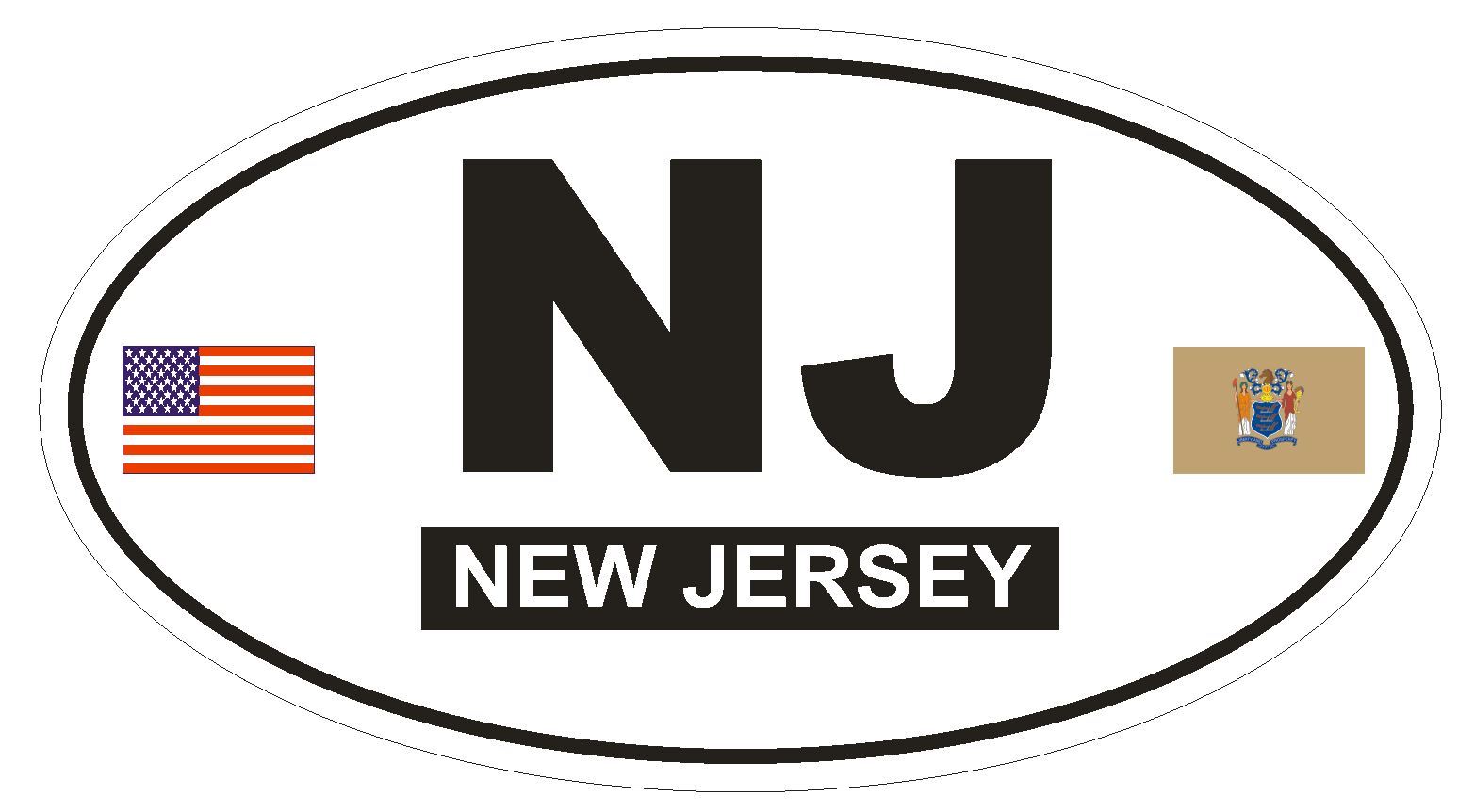 NJ New Jersey Oval Bumper Sticker or Helmet Sticker D784 Euro Oval with Flag