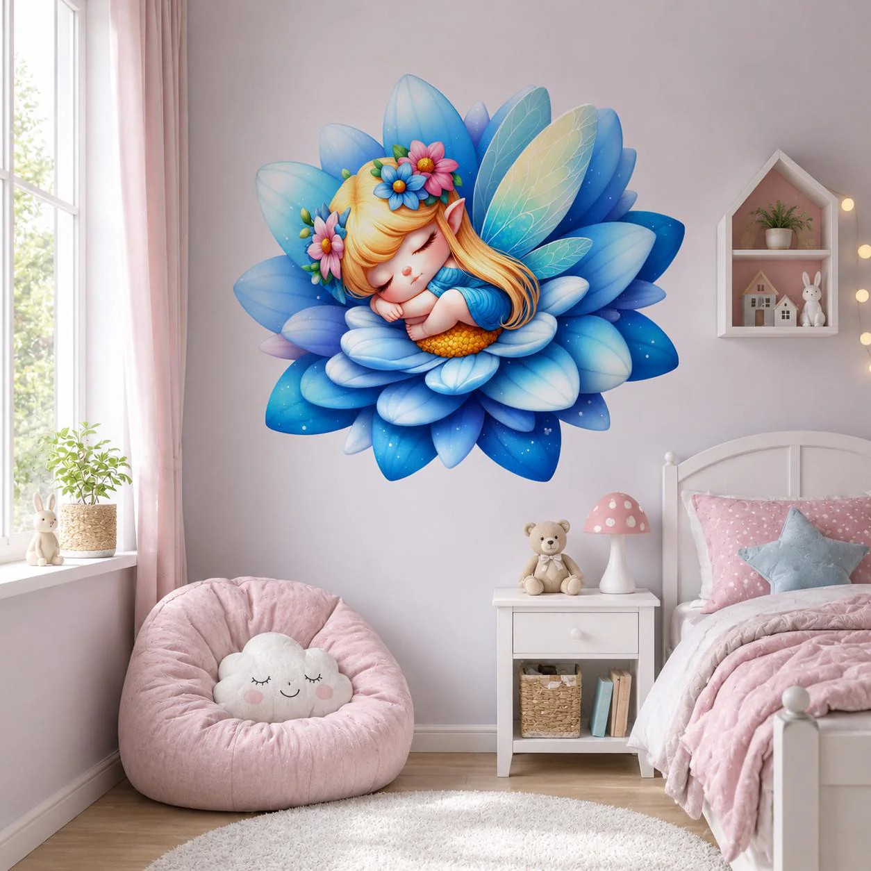 Sleeping Fairy Wall Vinyl Decal | Cute Blue Flower Fairy Sticker