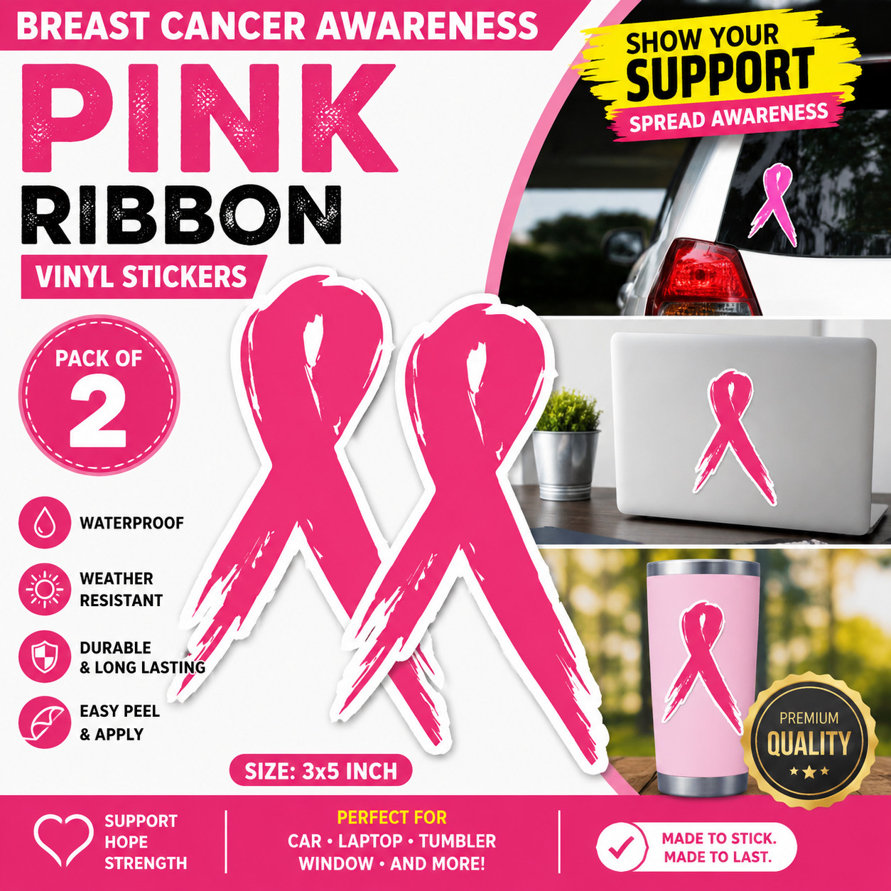 Pink Ribbon Breast Cancer Awareness Sticker Decal Pack of 2 Waterproof Vinyl 3×5