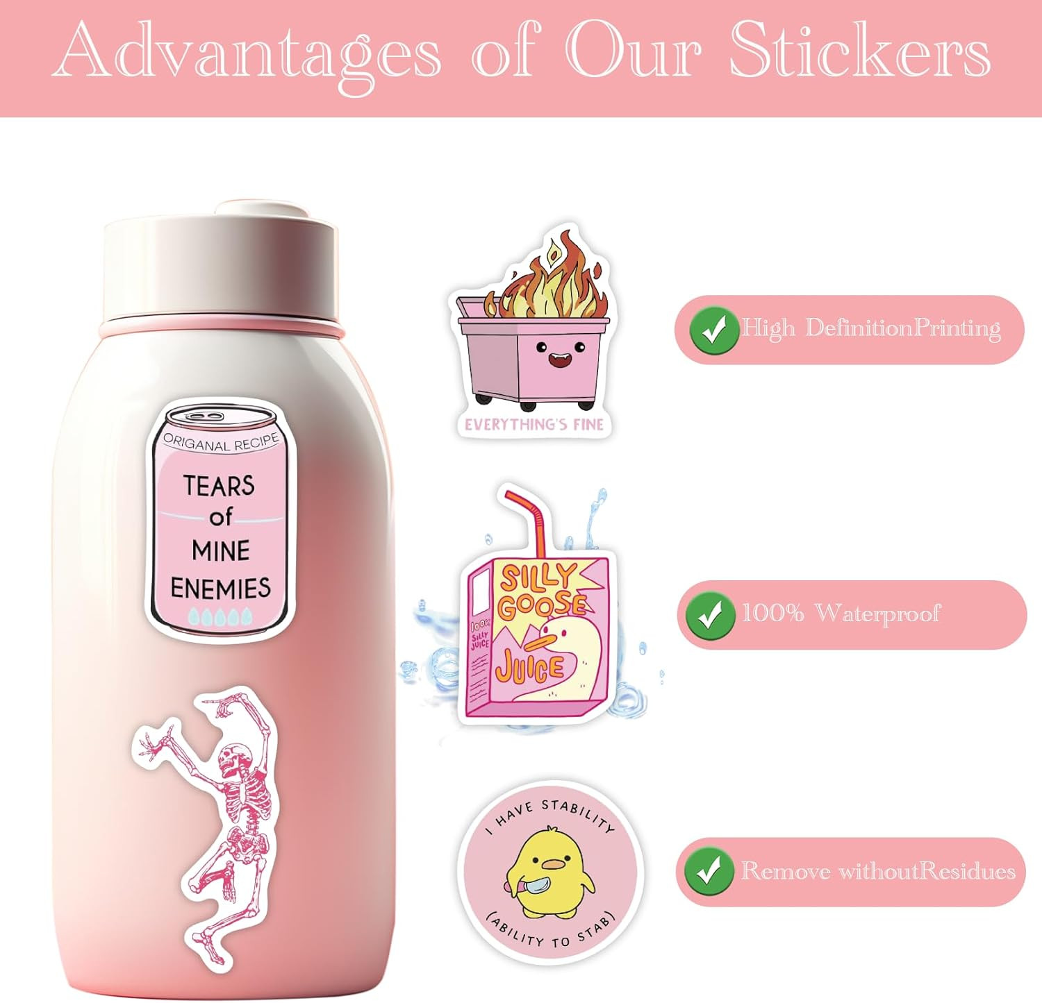 50 PCS Pink Funny Stickers for Adult,Pink Meme Stickers for Women,Waterproof Coo
