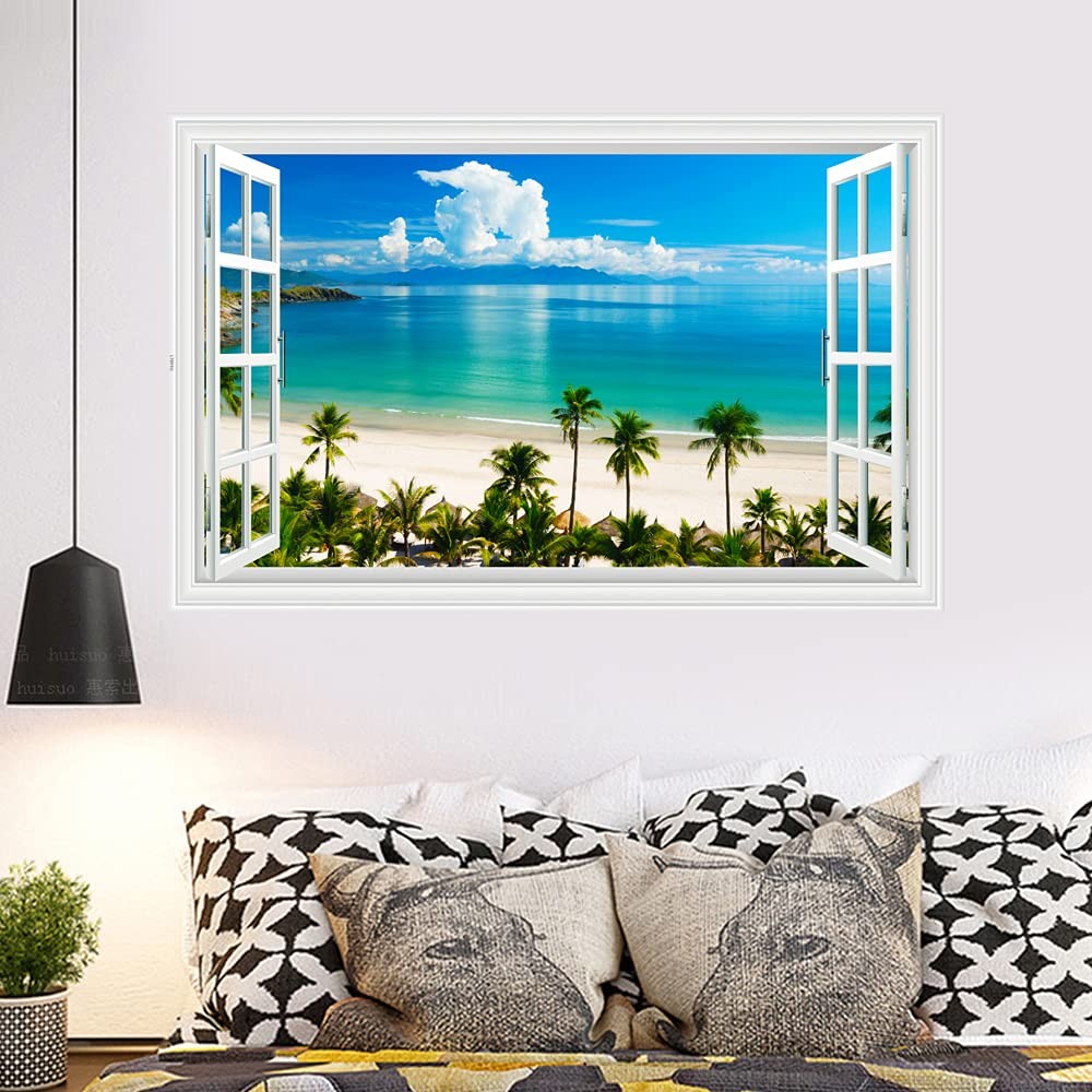 Fake Windows Wall Sticker, Removable 3D Beach Seascape Faux Windows Wall Decals