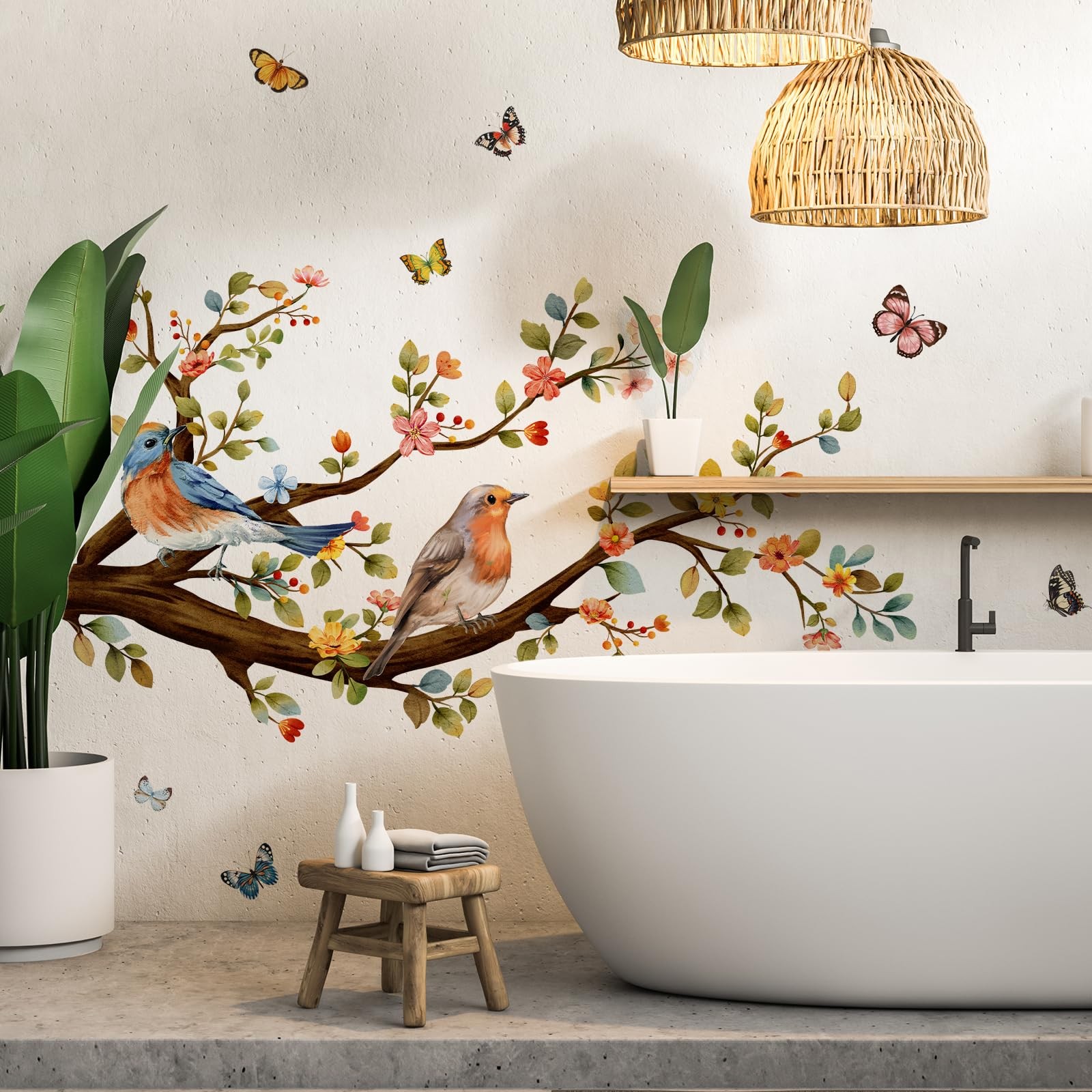 Colorful Flower Branch Bird Wall Stickers Watercolor Bird Butterfly Wall Deca…