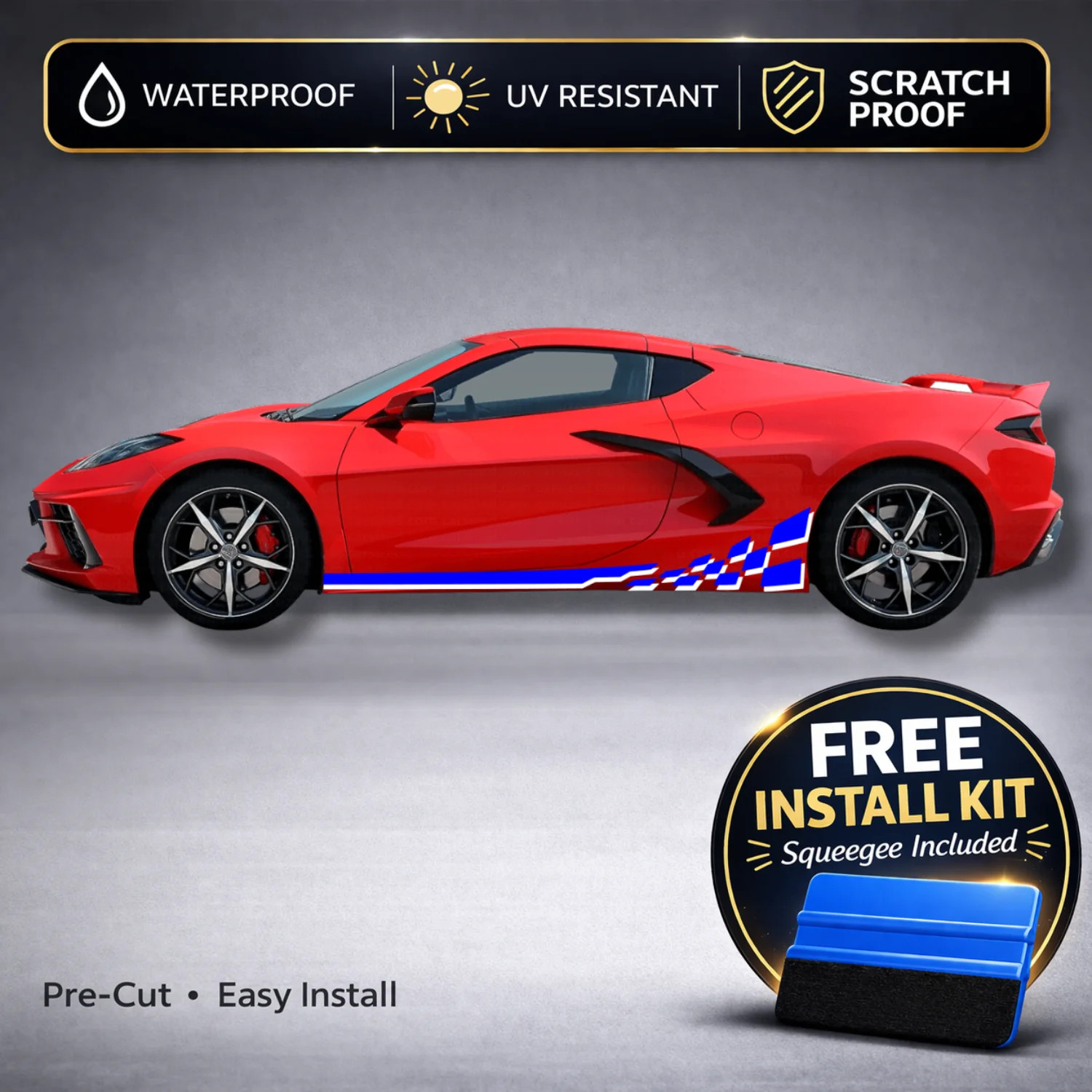 Compatible With Chevy Corvette C8 Checkered Racing Stripe Decals – Two-Tone Rock