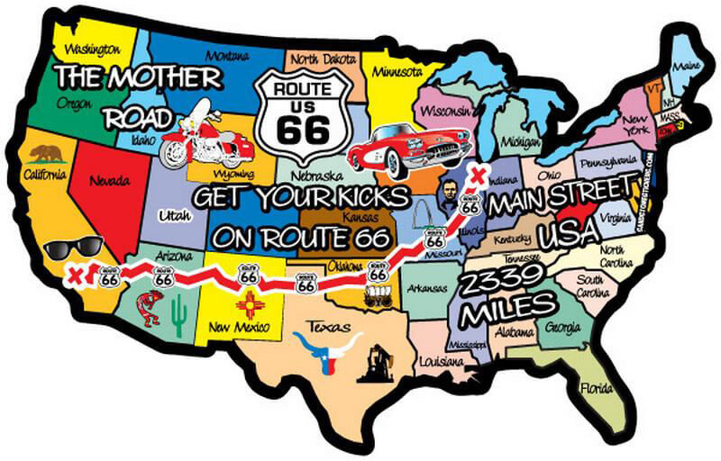 Get Your Kicks on Route 66 USA Map – Postcard Sized Vinyl Sticker 6" x 3.5"