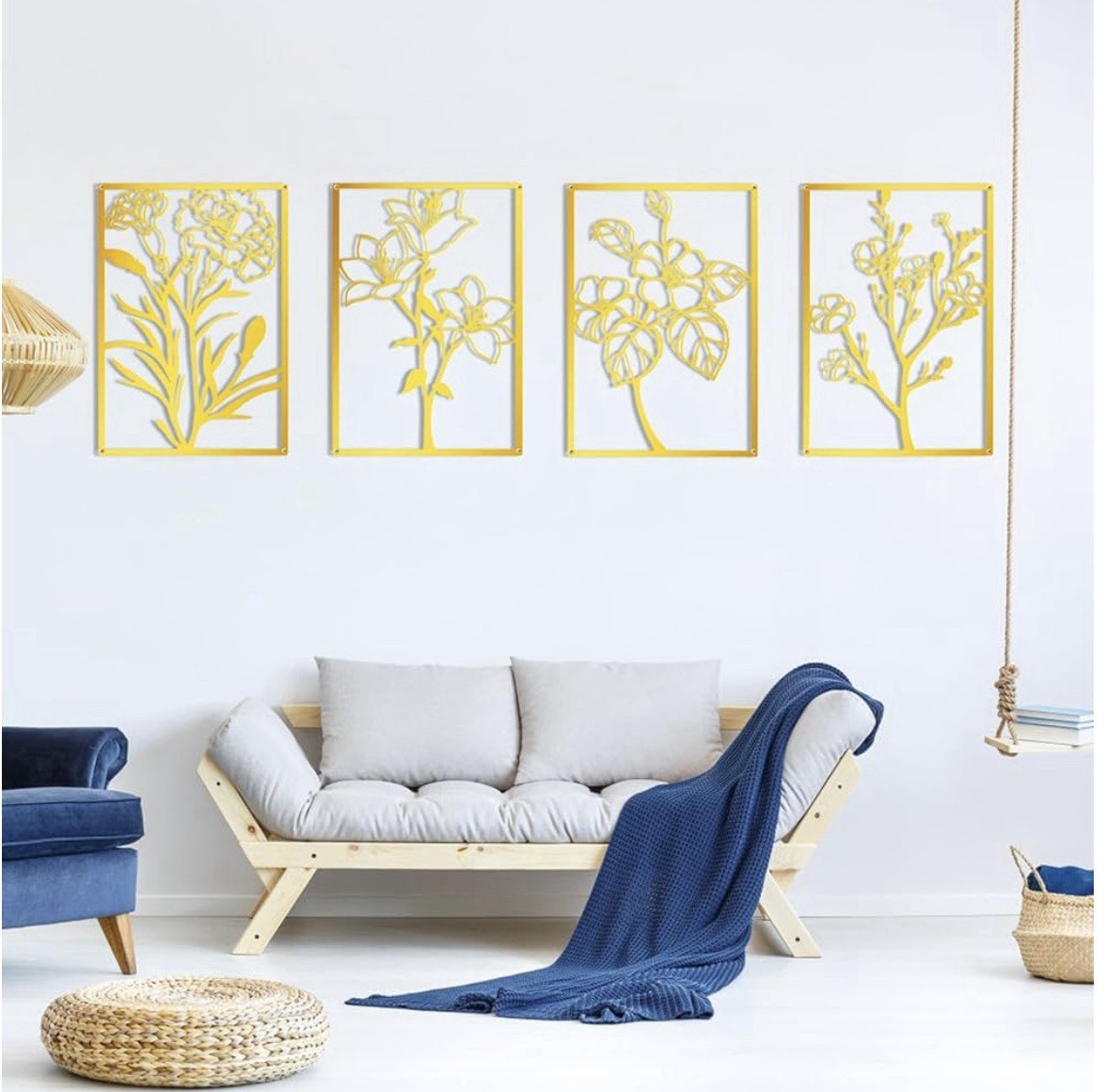 ZNZAPO 4 Pcs Large Gold Metal Flower Wall Art, (15.7 × 22.5”)