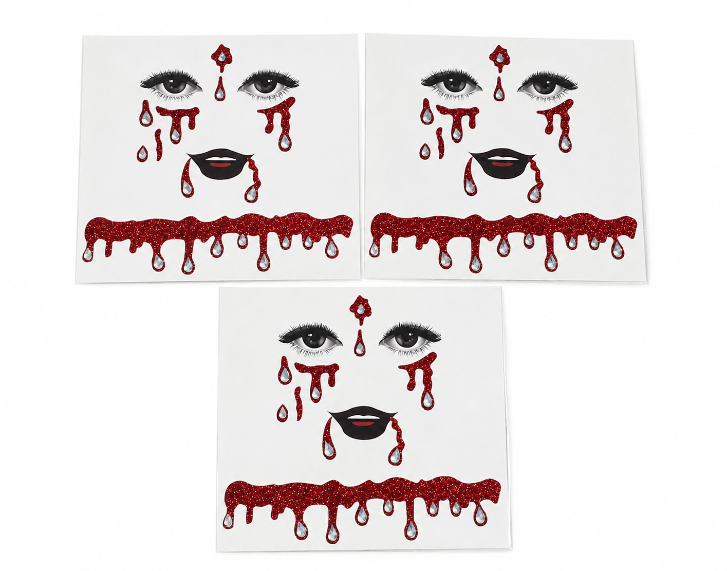 3Pc Removable Glitter Bloody Face Decals Horror Makeup Stickers Halloween Costum