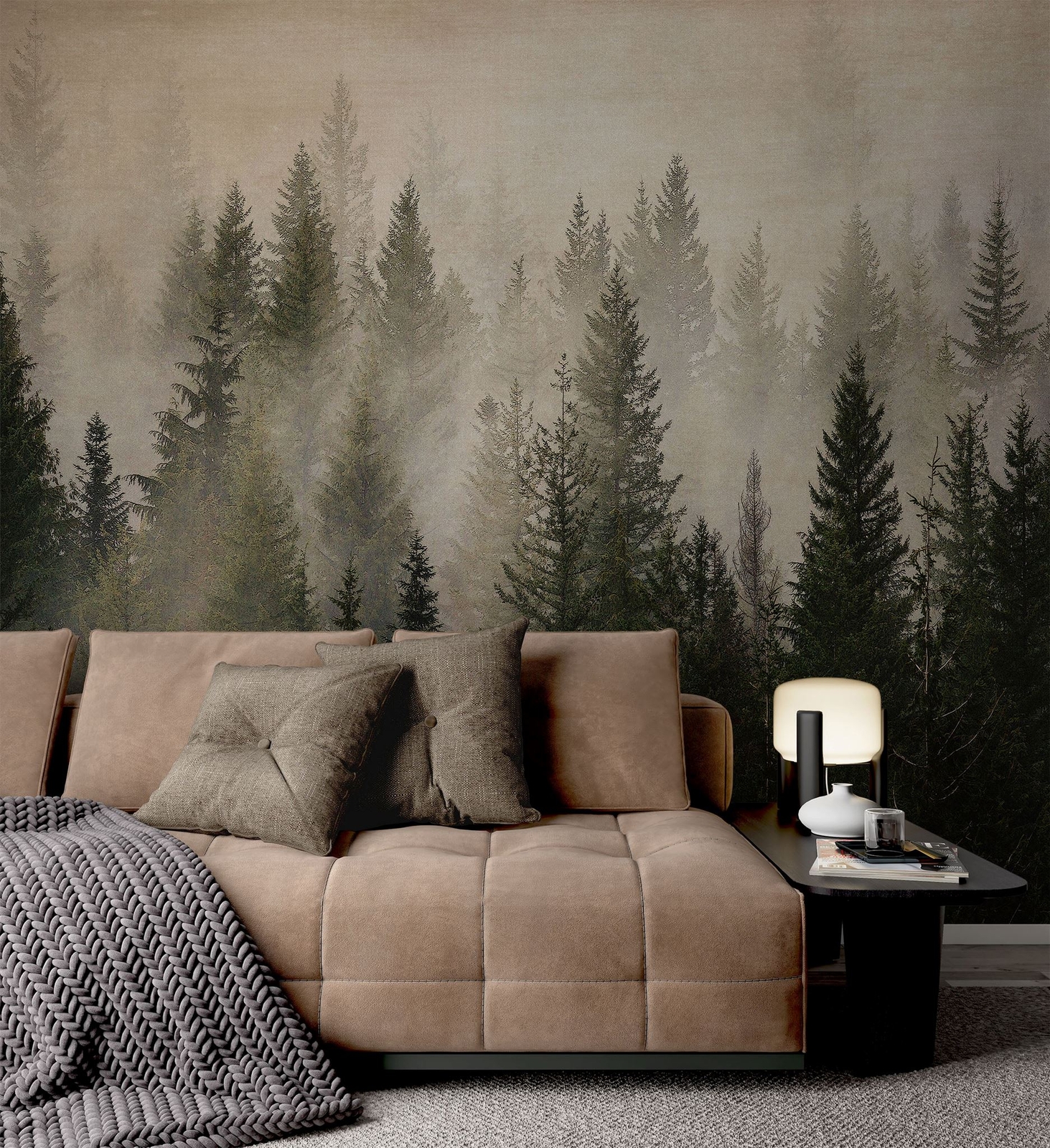 Misty Pine Tree Forest Landscape Wallpaper. Peel and Stick Wall Mural. Self Adhe