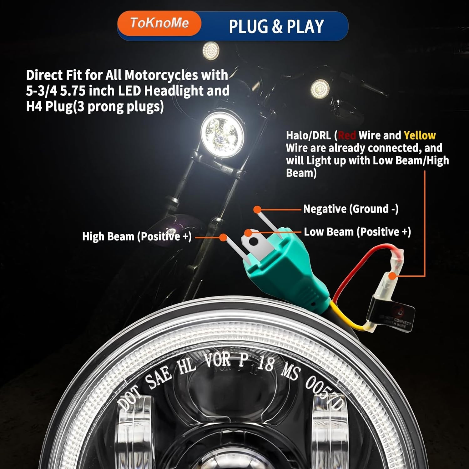 5-3/4 5.75 Inch LED Headlight Halo DRL Compatible with Harley Davidson Dyna Spor