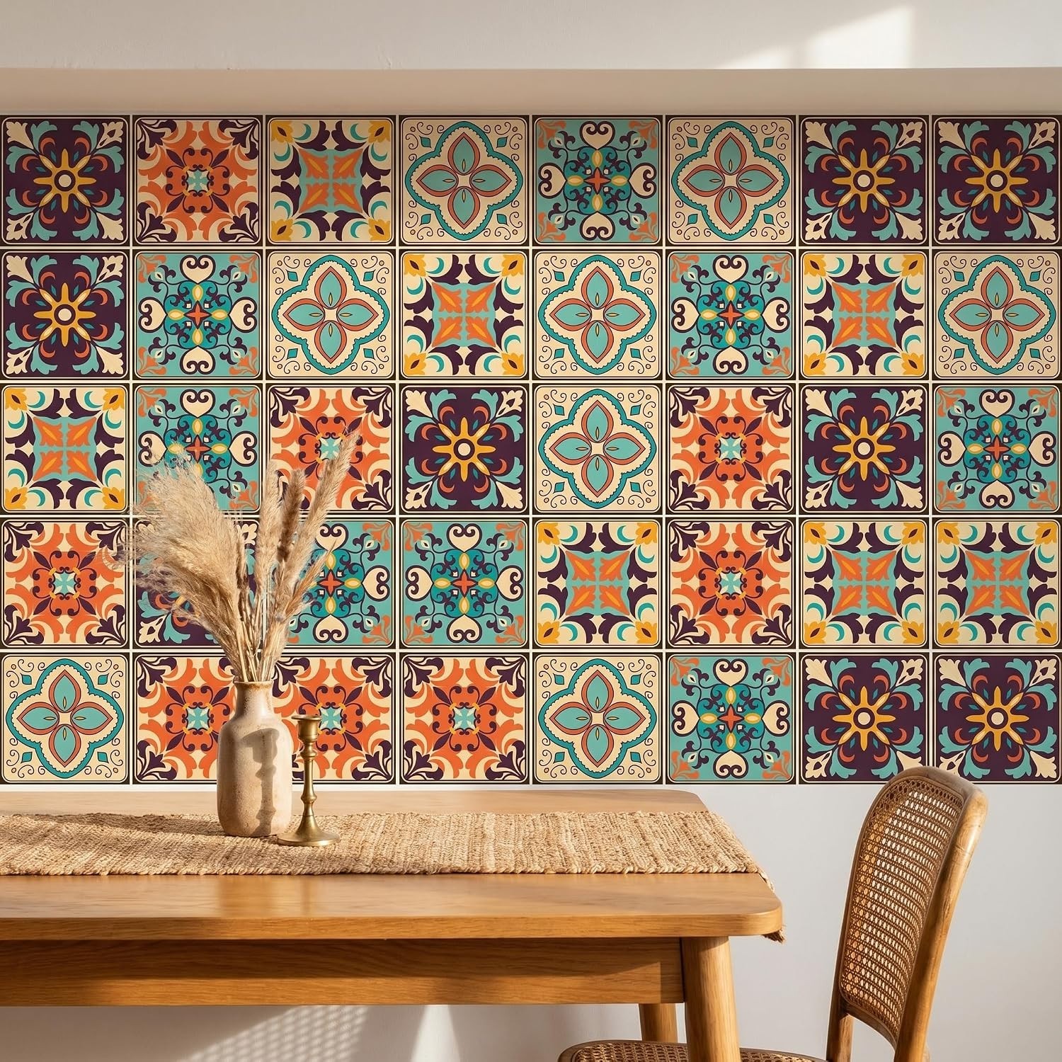 Vibrant Bohemian Tile Wall Stickers – 30-Pack Waterproof & Residue-Free, 4×4"