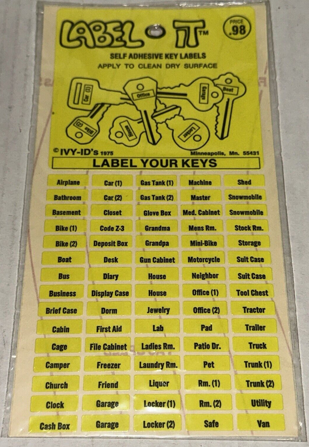Ivy-Ids Self Adhesive Key Stickers Label Apply Clean Dry Surface Sealed USA NEW