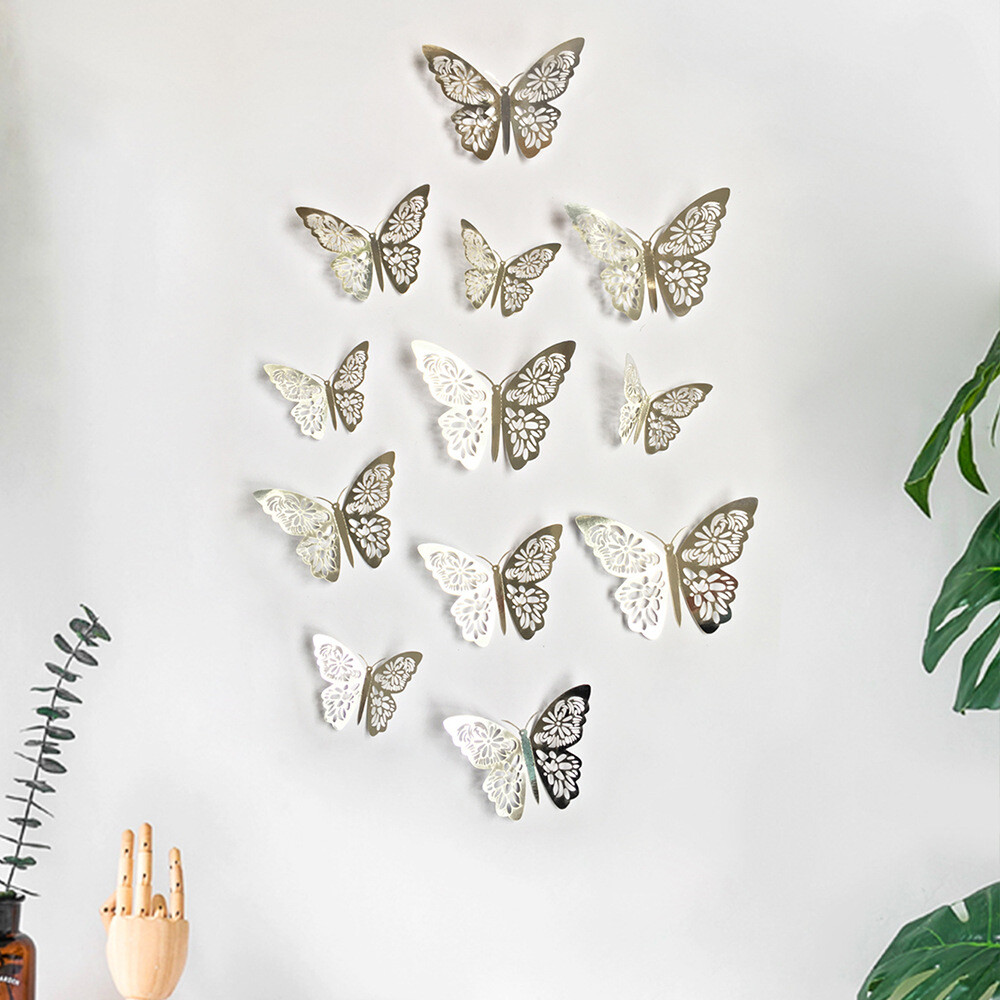 12 pcs 3d cute rose, silver, and gold butterfly wall decor, party, wedding, diy