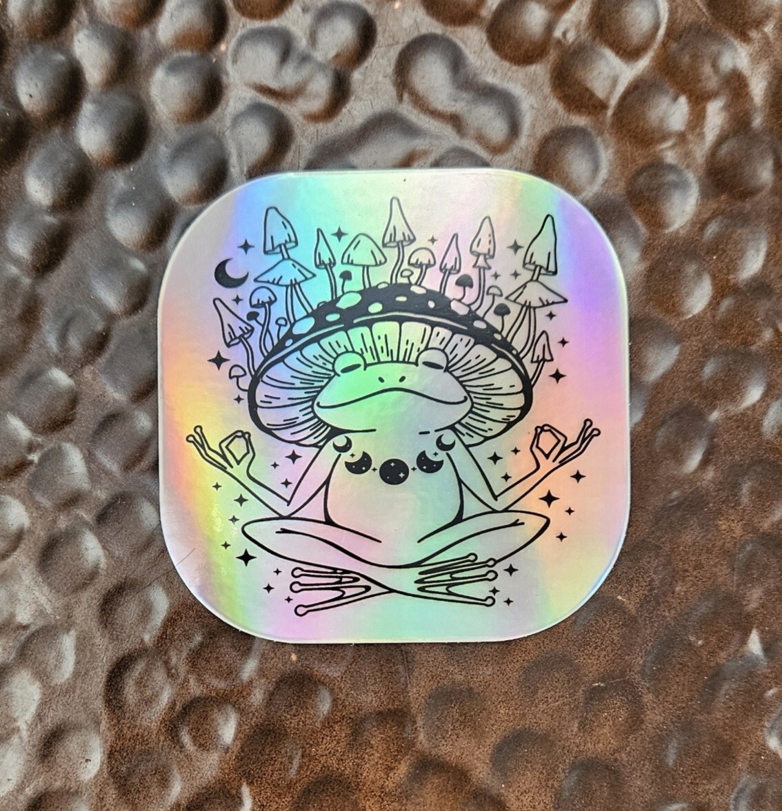 MEDITATING FROG W/MAGIC MUSHROOMS HAT Holographic Sticker Vinyl Uv RESISTANT 3"