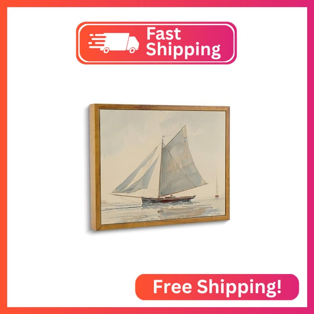 ARTZIO Ocean Framed Wall Art,Coastal Sailboat Canvas Oil Painting,Blue Ship Port