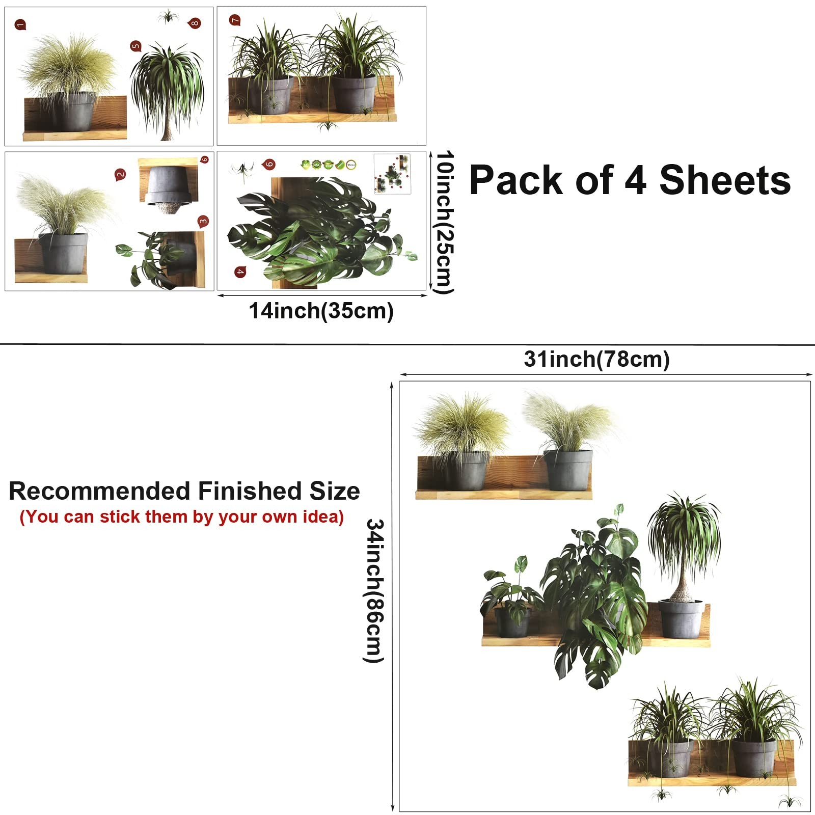 Creative Green Pot Plants Leaves Wall Decals 3D Bonsai Tropical Plant Wall St…