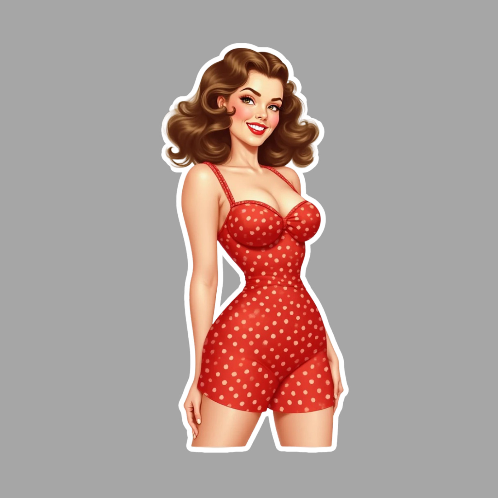 Vintage pinup girl sticker vinyl decal red polka dot brown hair cleavage
