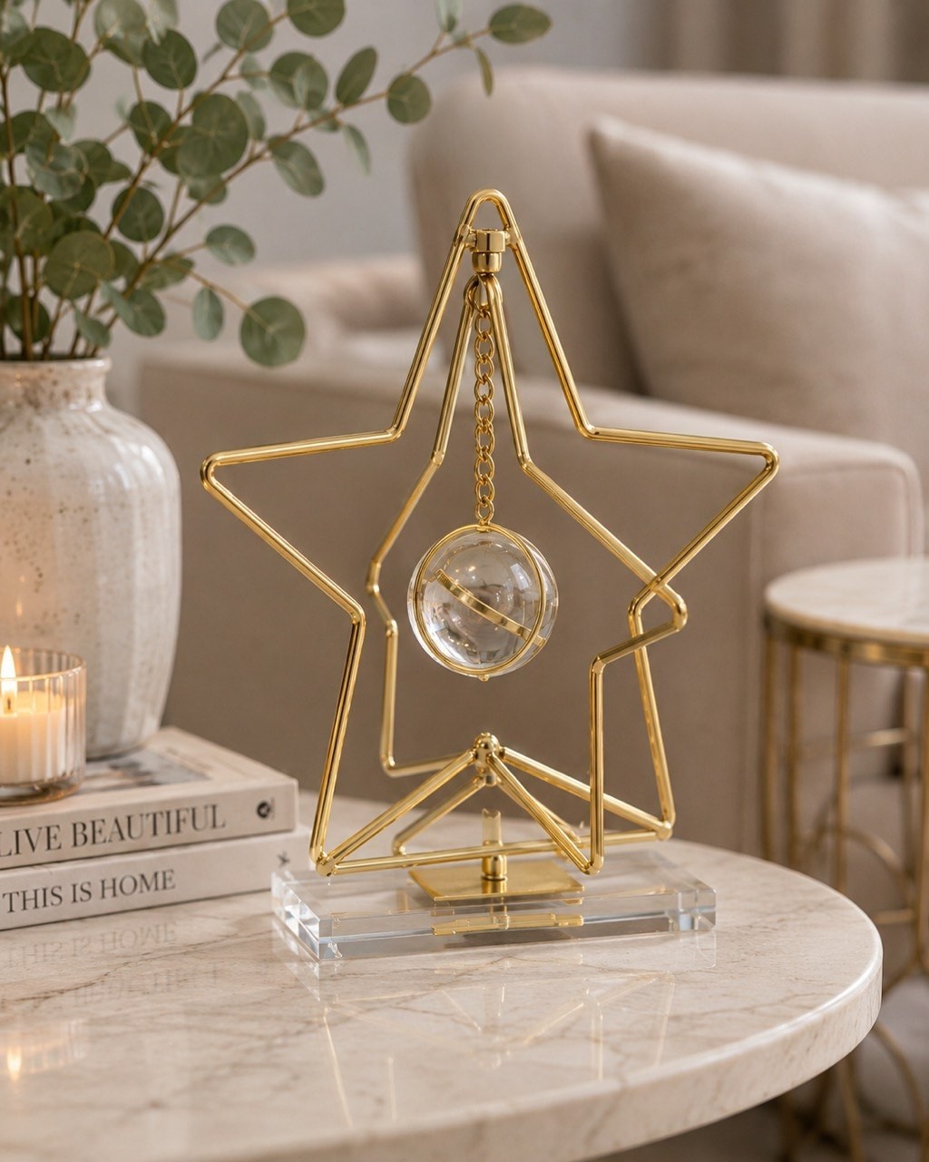 Modern Gold Star Decorative Sculpture w/ Hanging Crystal Look Orb Acrylic Base