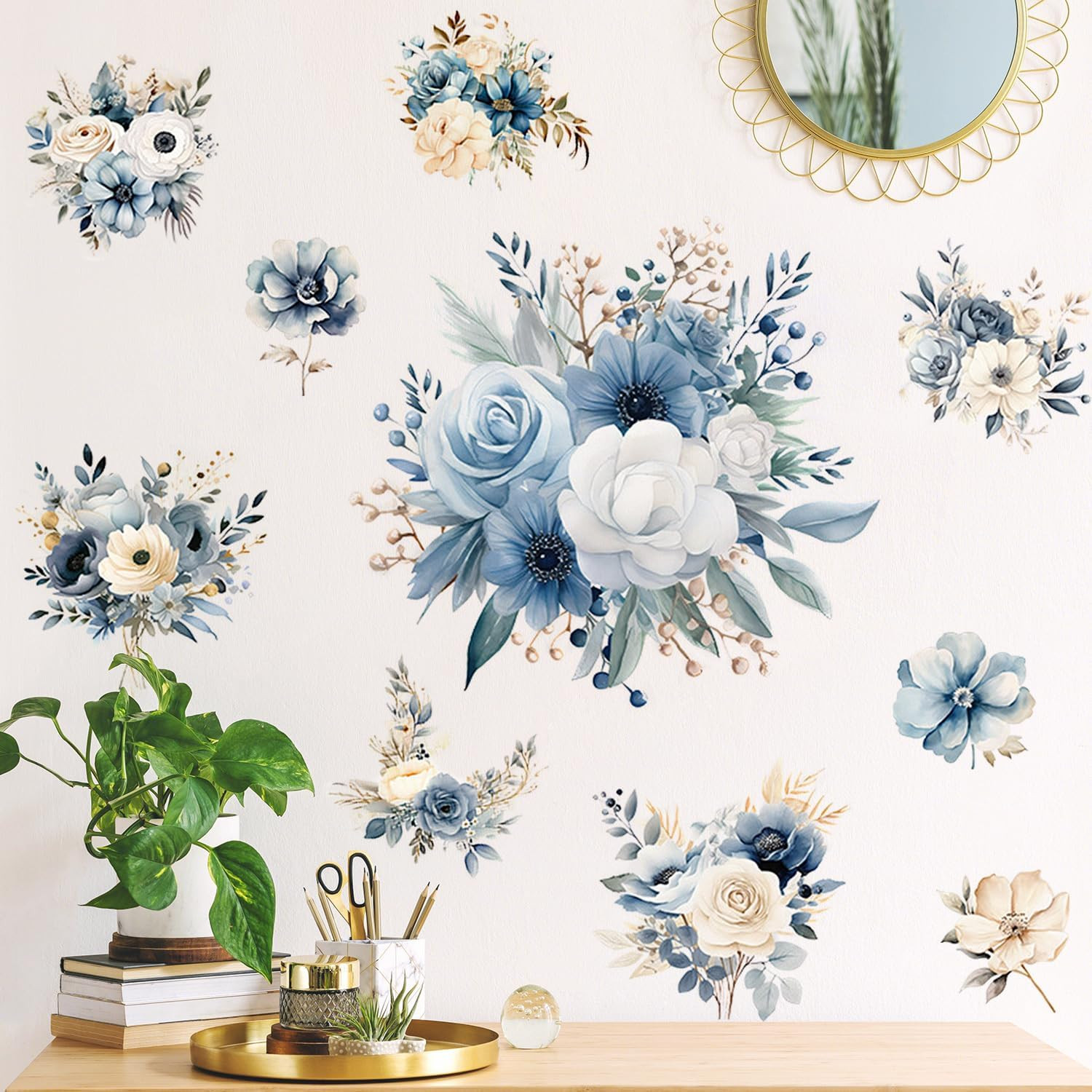 Blue Peony Flower Wall Decals Peel and Stick Rose Leaf Botanical Wall Stickers R
