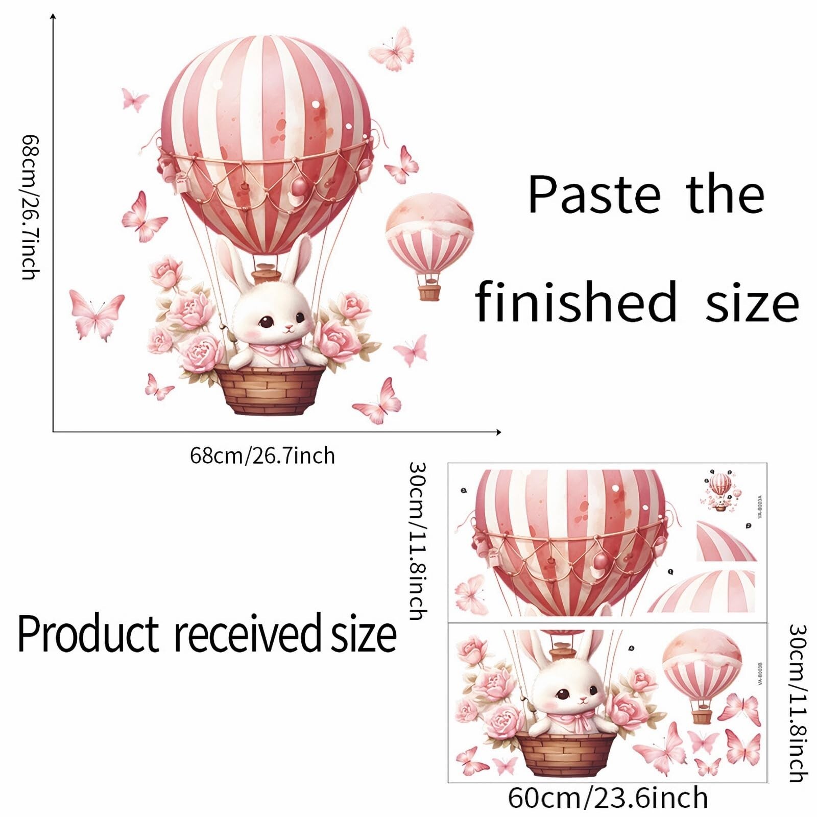Pink Bunny Butterfly Rose Hot Air Balloon Wall Stickers, sacinora Cute Rabbit…