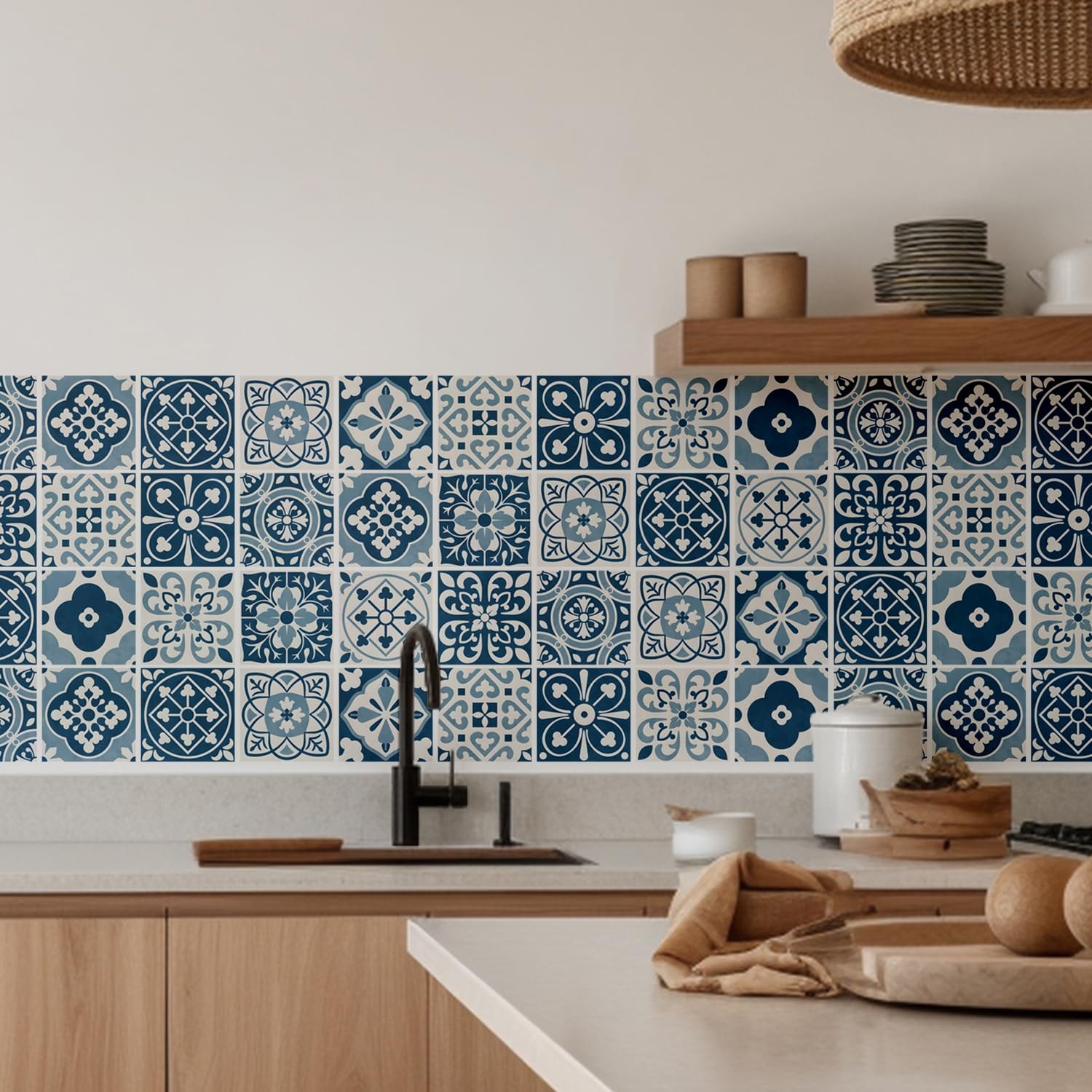 30 Pack Blue and White Peel and Stick Backsplash, 4×4 Inch Mediterranean Tile…