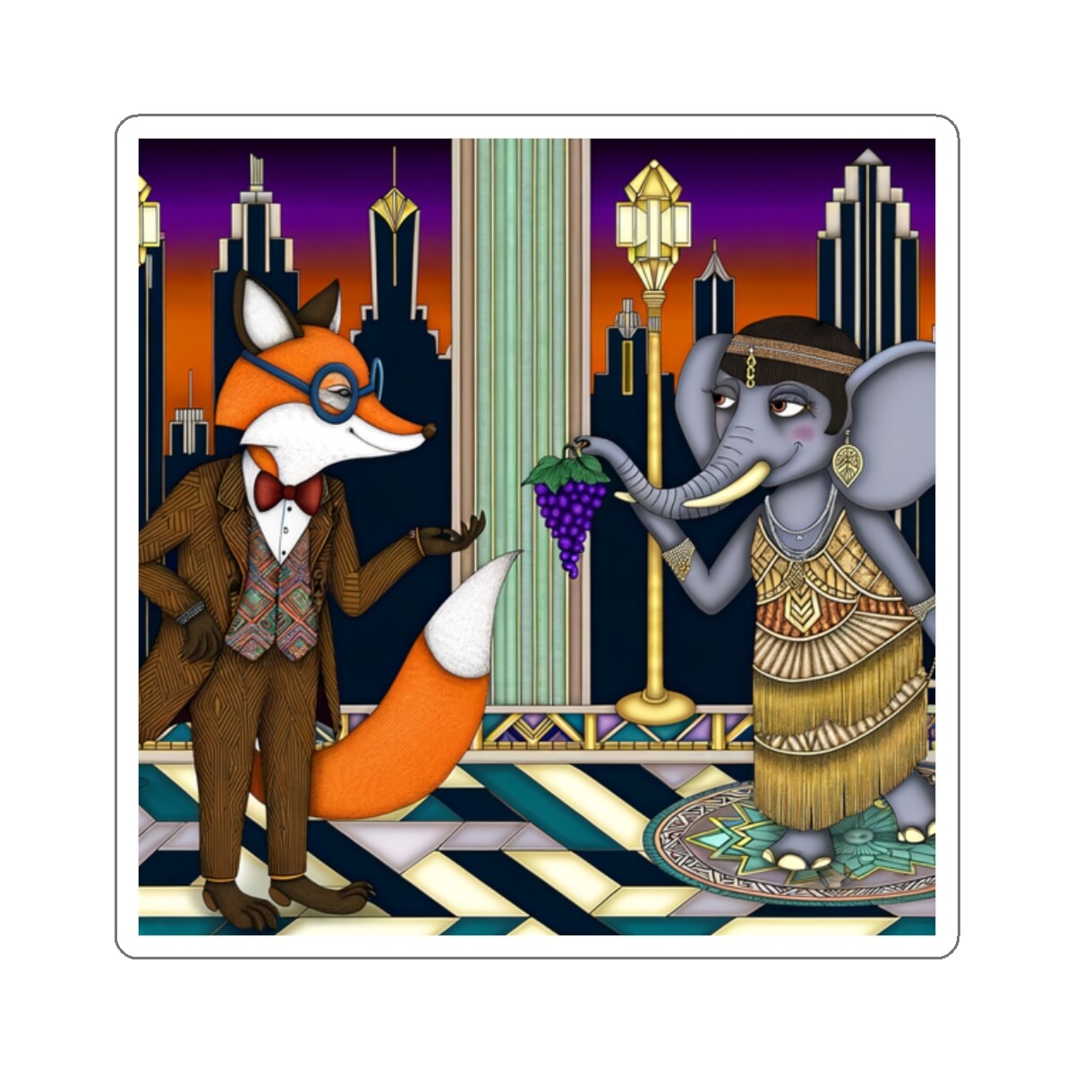 Sticker Art Deco Fox Elephant Grape Caper Scene 2×2" 3×3" 4×4" 6×6" Retro Cute