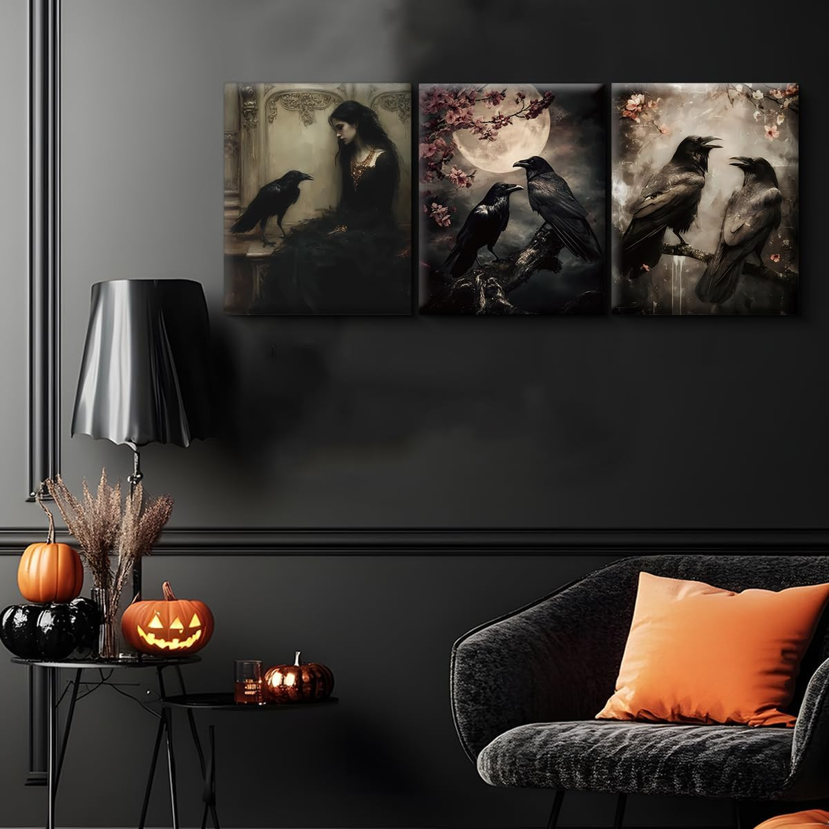 3Pcs Gothic Raven Halloween Wall Art Prints Creepy Dark Moody Crow Posters Artwo