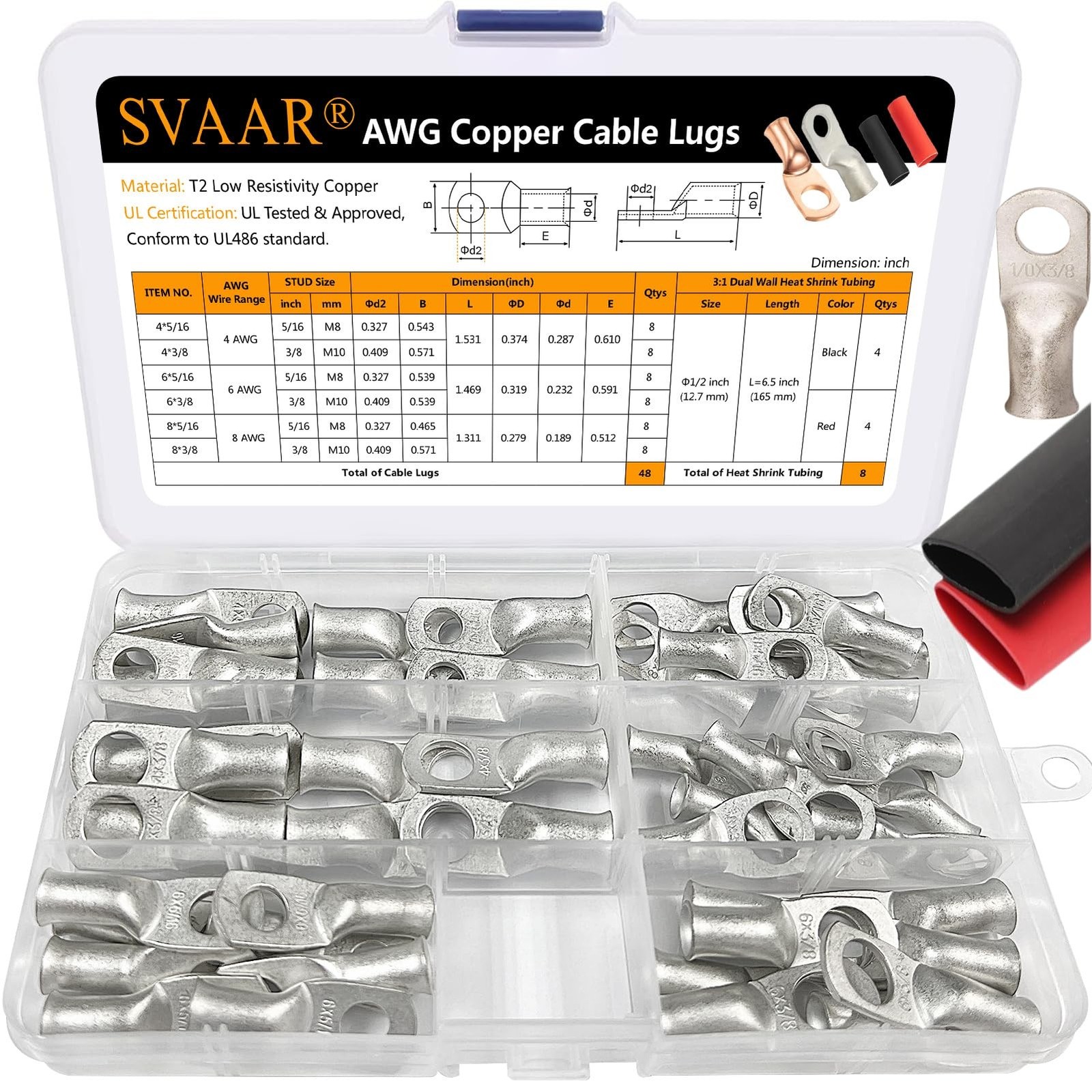 SVAAR 4 6 8 AWG Battery Cable Lug kit 56pcs Tinned Copper Battery Lugs Heavy …