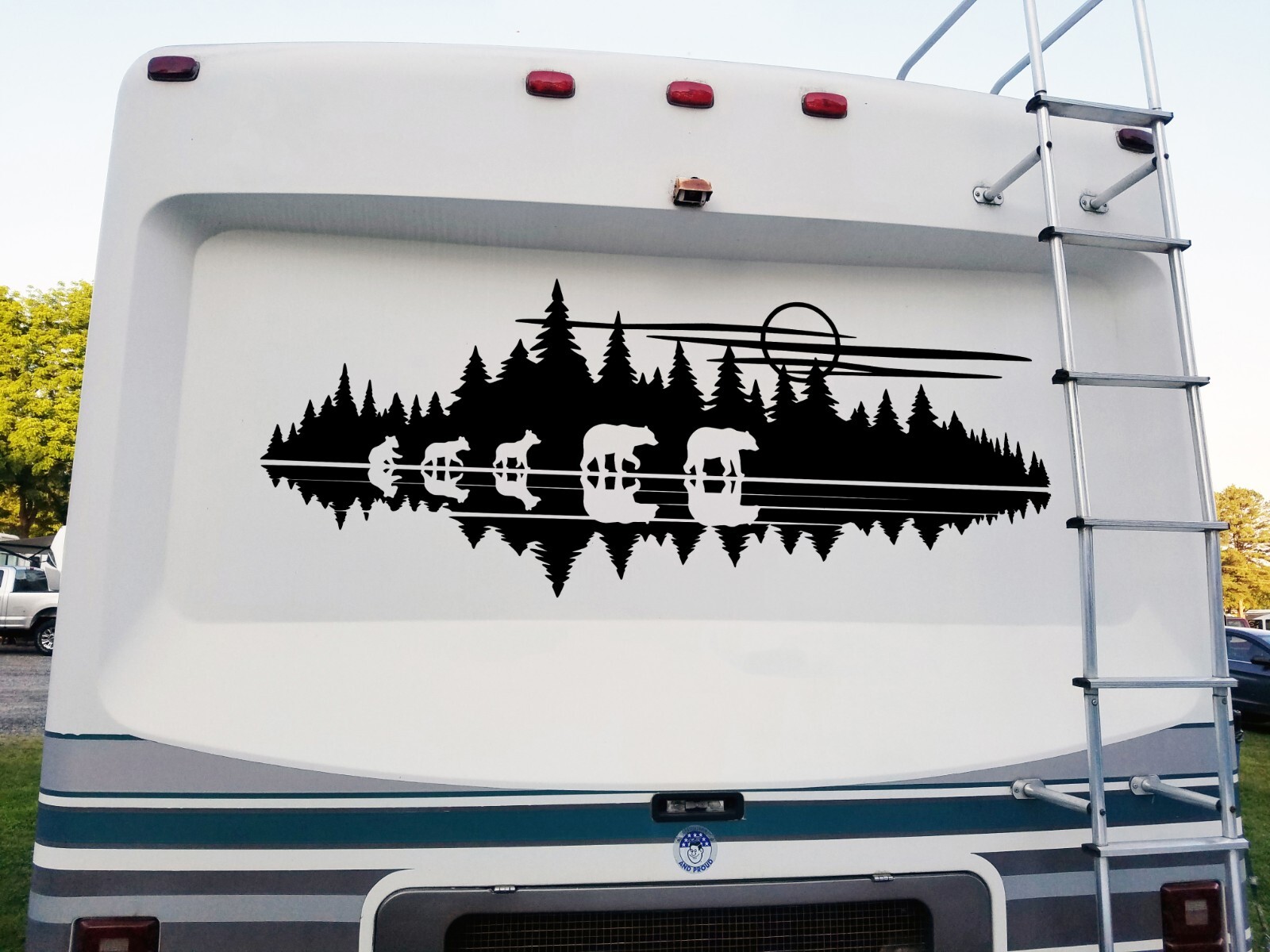 Lake Moon Bear Family of 5 in Tree Line Forest Scene Vinyl Decal V8 | RV Camping