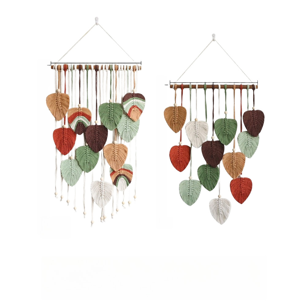 Bohemian Handwoven Cotton Tapestry with Leaf Design and Fringe for Wall Decor
