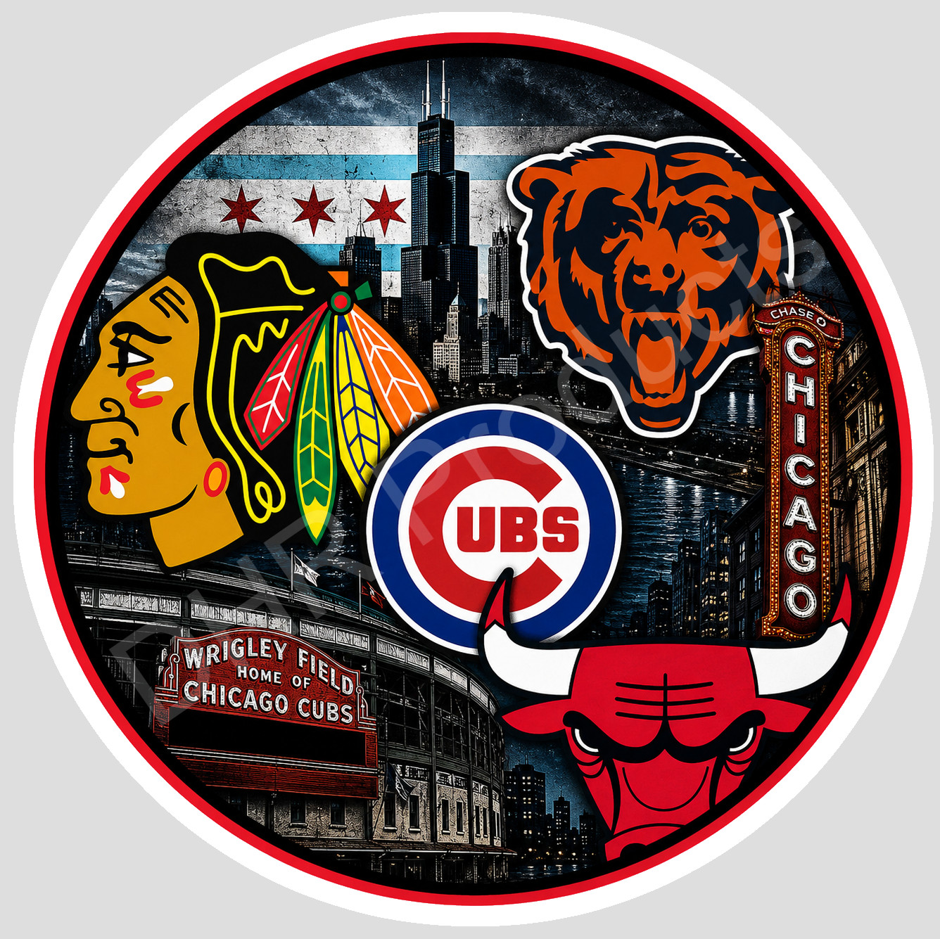 Chicago Sports Mashup Vinyl Sticker/Decal – Bears Cubs Blackhawks Bulls 05