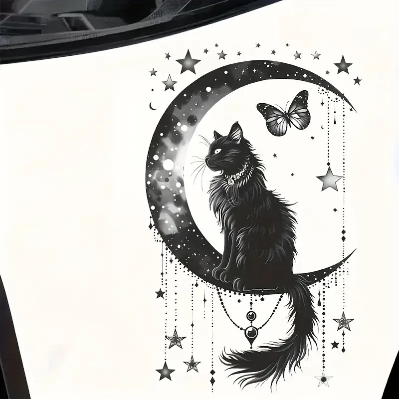 Black Cat Crescent Moon Stars 7 Inch Vinyl Decal Sticker Celestial Cat