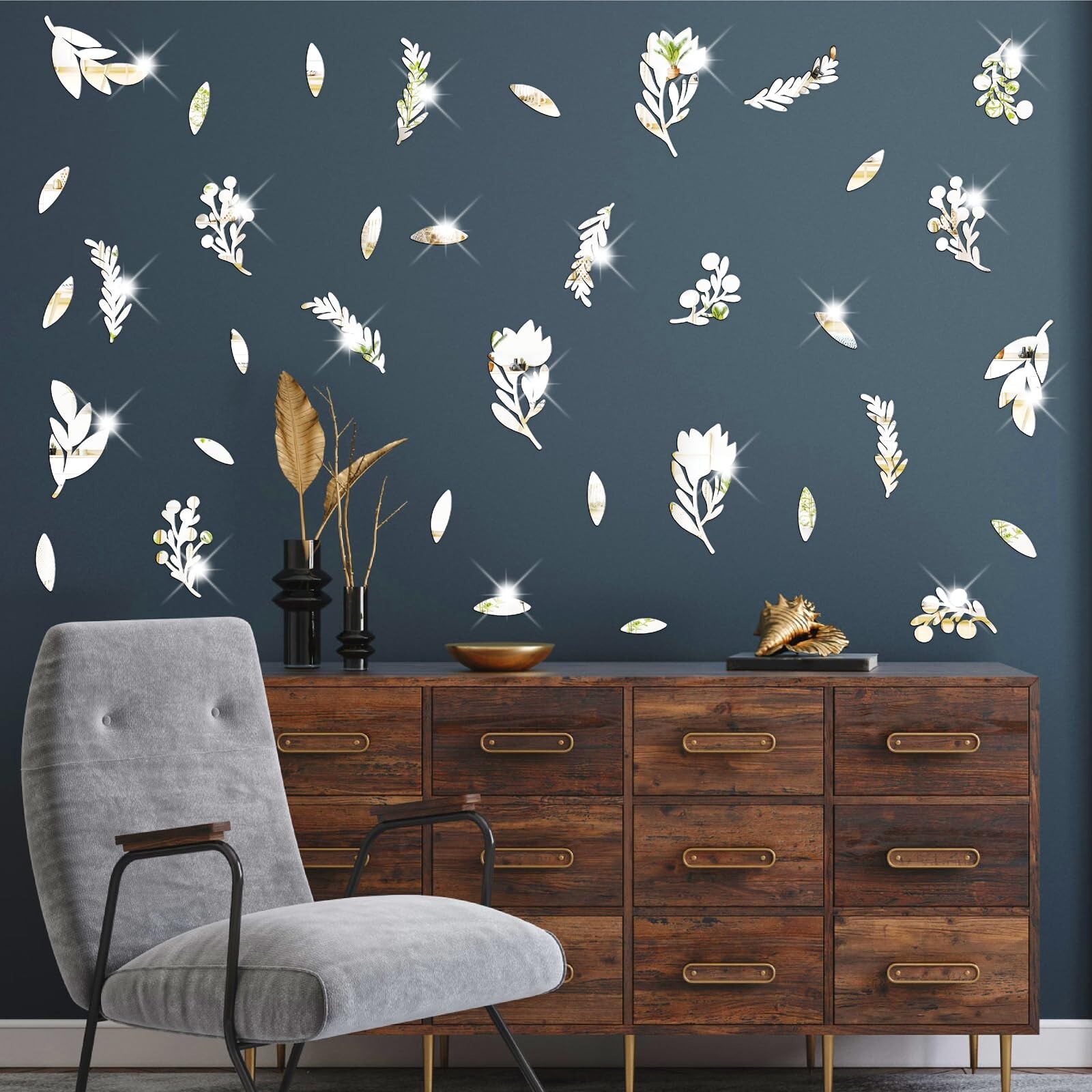 Floral Leaf Wall Stickers Decor Acrylic Mirror Stickers for Walls 3D Silver M…