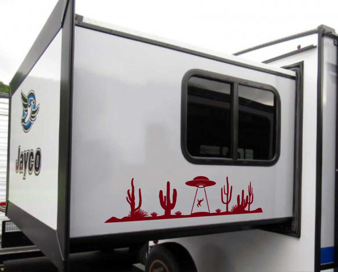 UFO Desert Cactus Scene Vinyl Decal V2 – RV Graphics Alien Abduction – Die Cut