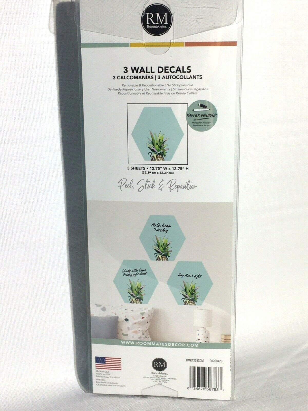 RoomMates Wall Decals Pineapple Crown 3-Pk Dry Erase Hexagon Peel And Stick