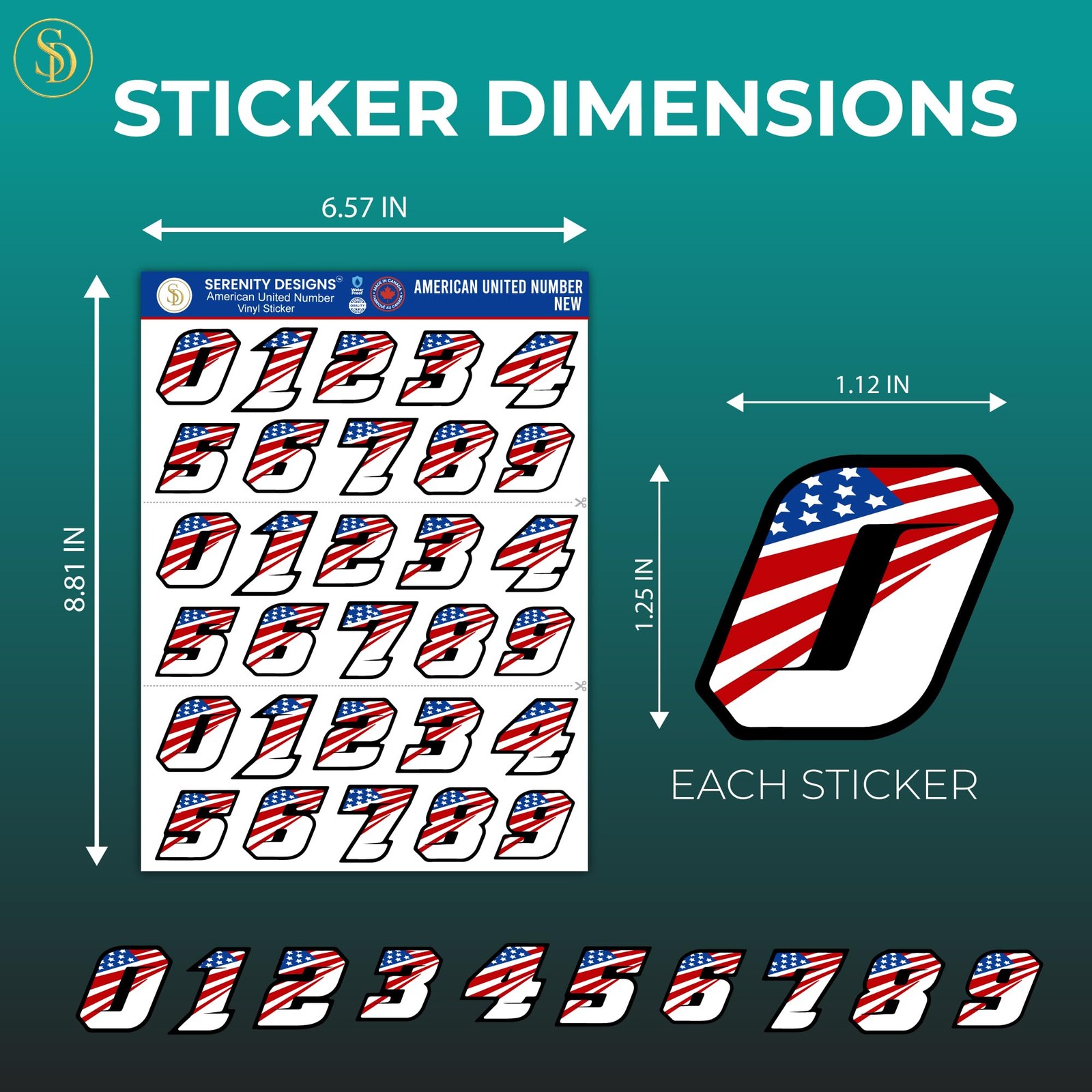 Patriotic American Flag Number Stickers for Helmets, Blue, Red, Black, White
