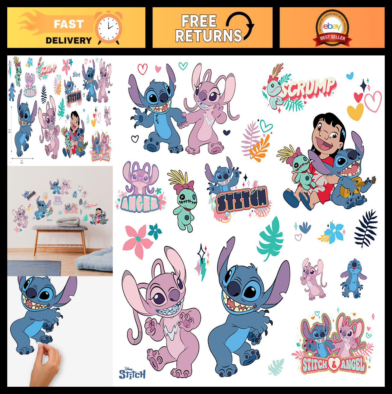 Lilo and Stitch Wall Decals – Stitch & Angel Removable Stickers for Kids' Room D