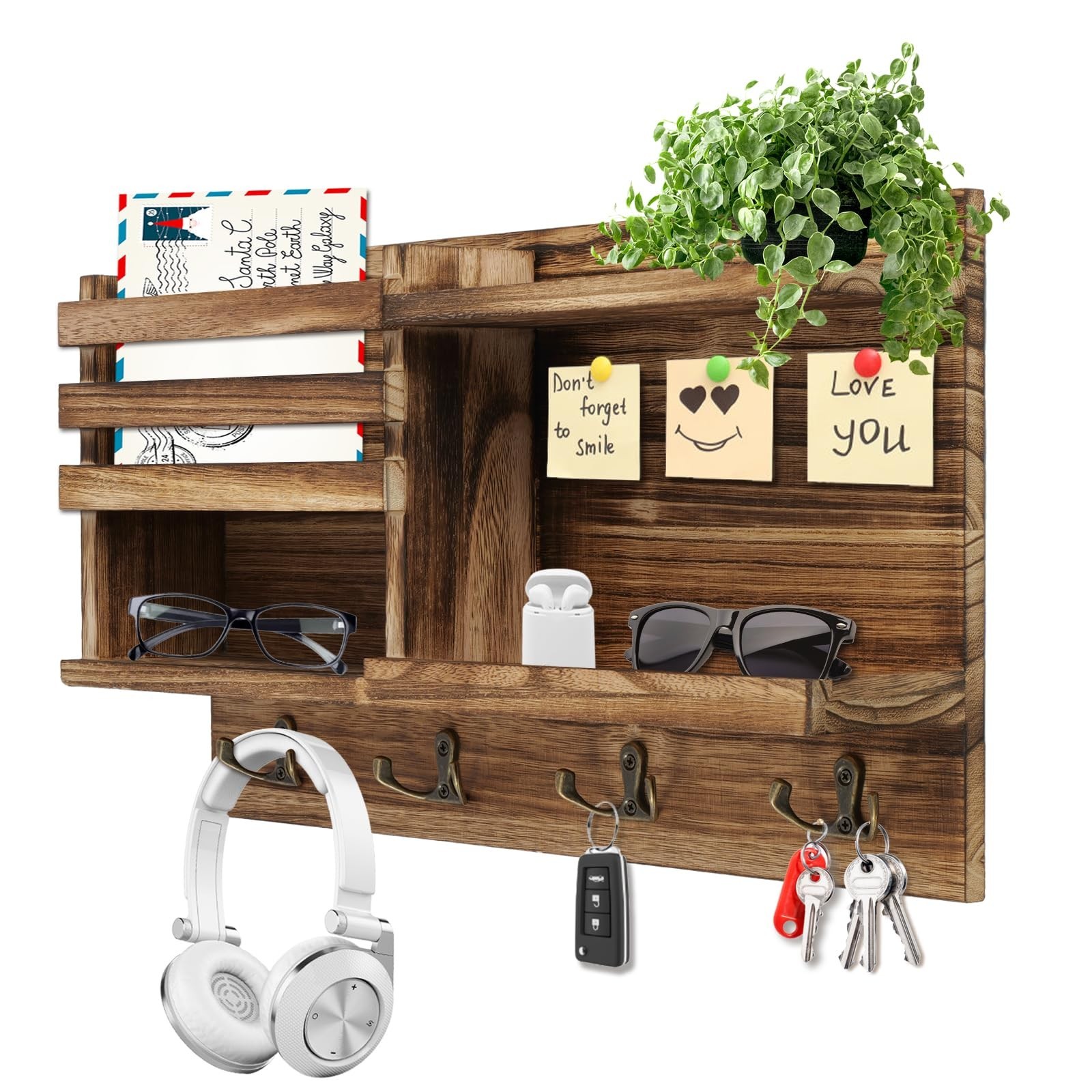 Key Holder Wall Mount, Solid Wood Key and Mail Organizer for Wall(Self Adhesi…