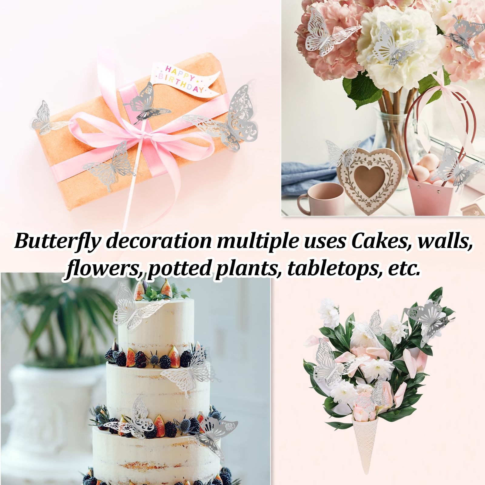 Thinp 48pcs Butterflies for Bouquets & Wall Decor – 4 Styles, 3 Sizes, Silver