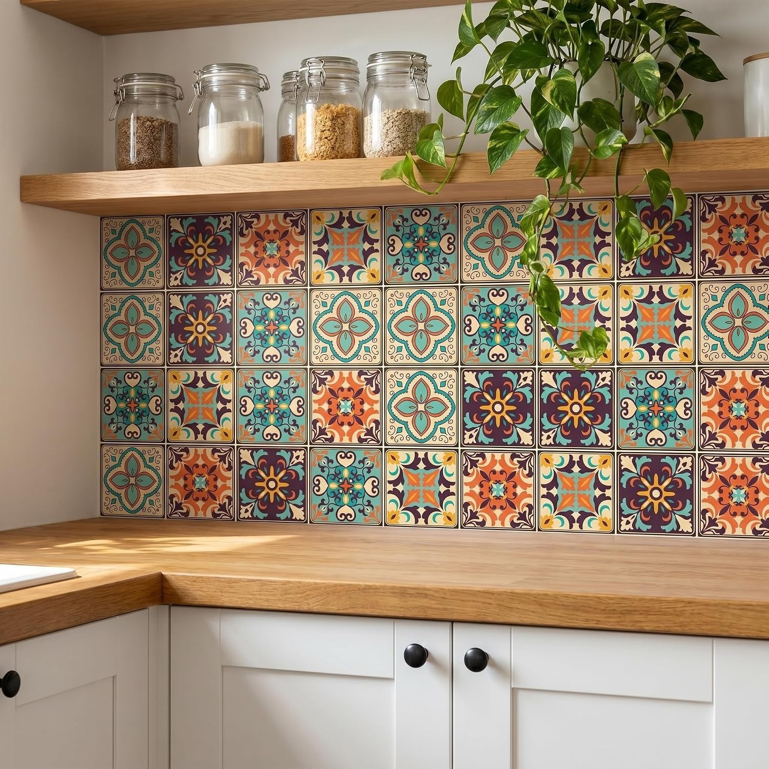 Vibrant Bohemian Tile Wall Stickers – 30-Pack Waterproof & Residue-Free, 4×4"