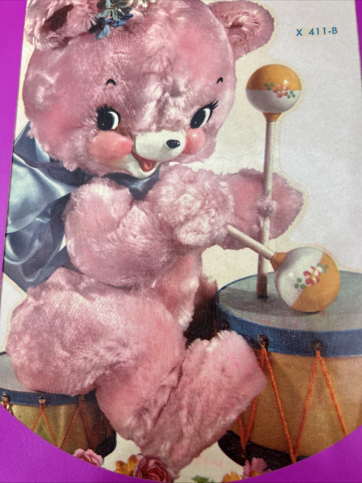 Vintage Meyercord Retro Shabby Nursery Pink Bear Playing Drum X411B Decals Craft