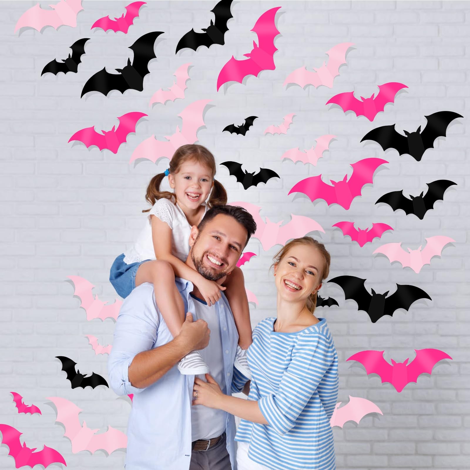 DIYASY 144 Pcs Pink Bats Wall Decor, Halloween 3D Black, Pink, Rose