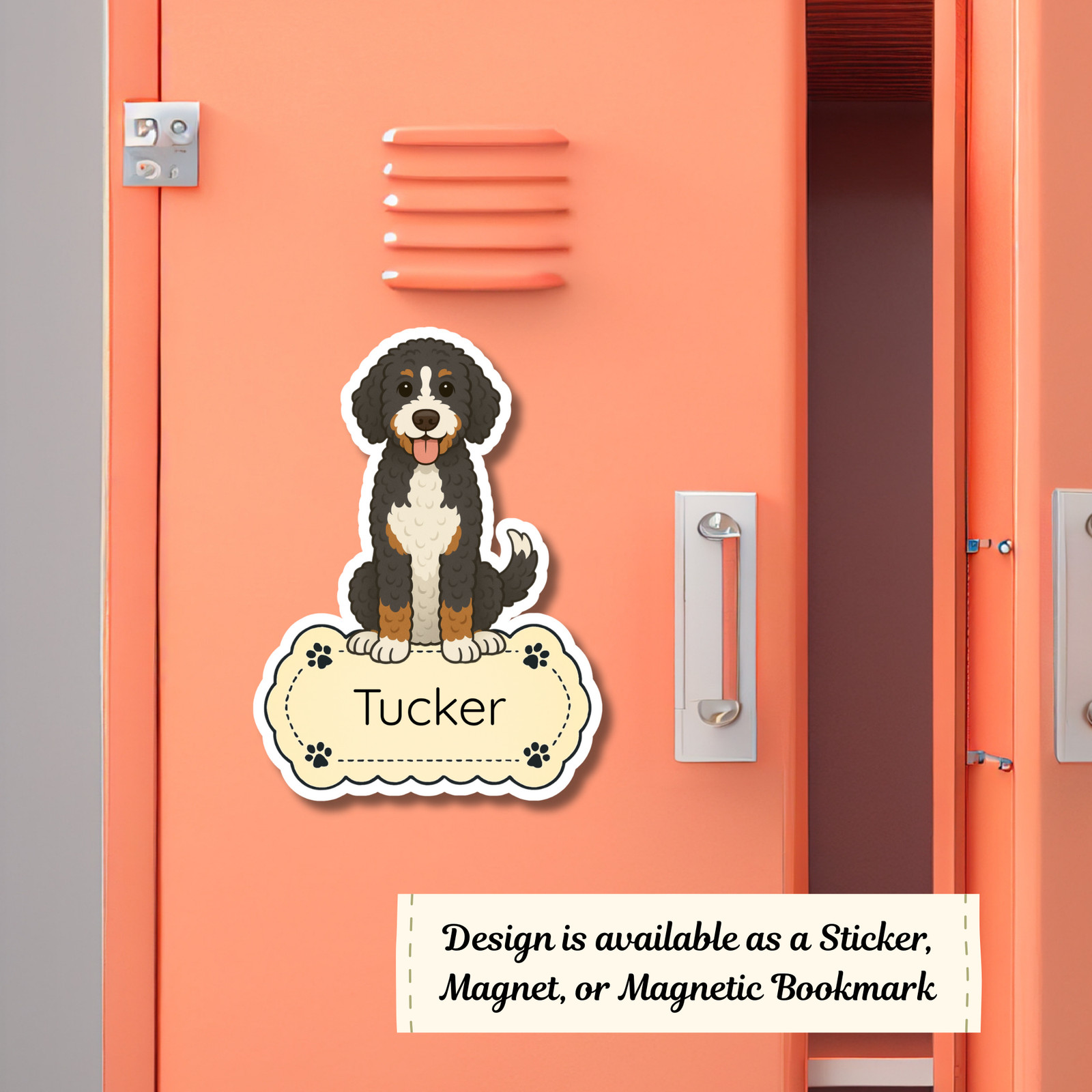 Personalized Bernedoodle Dog Sticker Magnet Bookmark – Tri-color